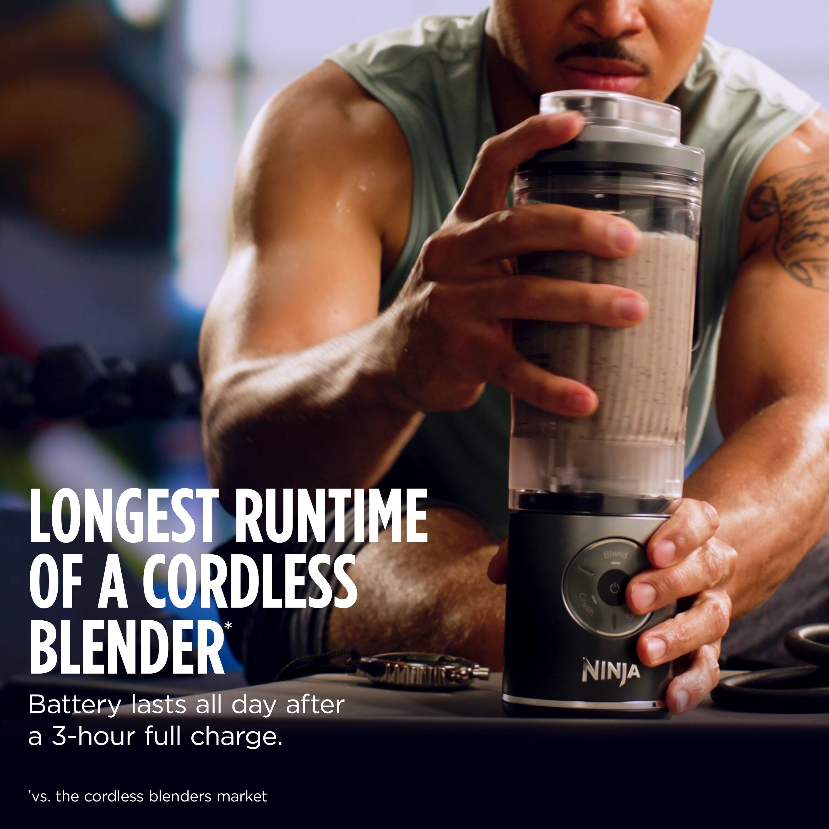 LONGEST RUNTIME OF A CORDLESS BLENDER  
Battery lasts all day after a 3-hour full charge.  
vs. the cordless blenders market