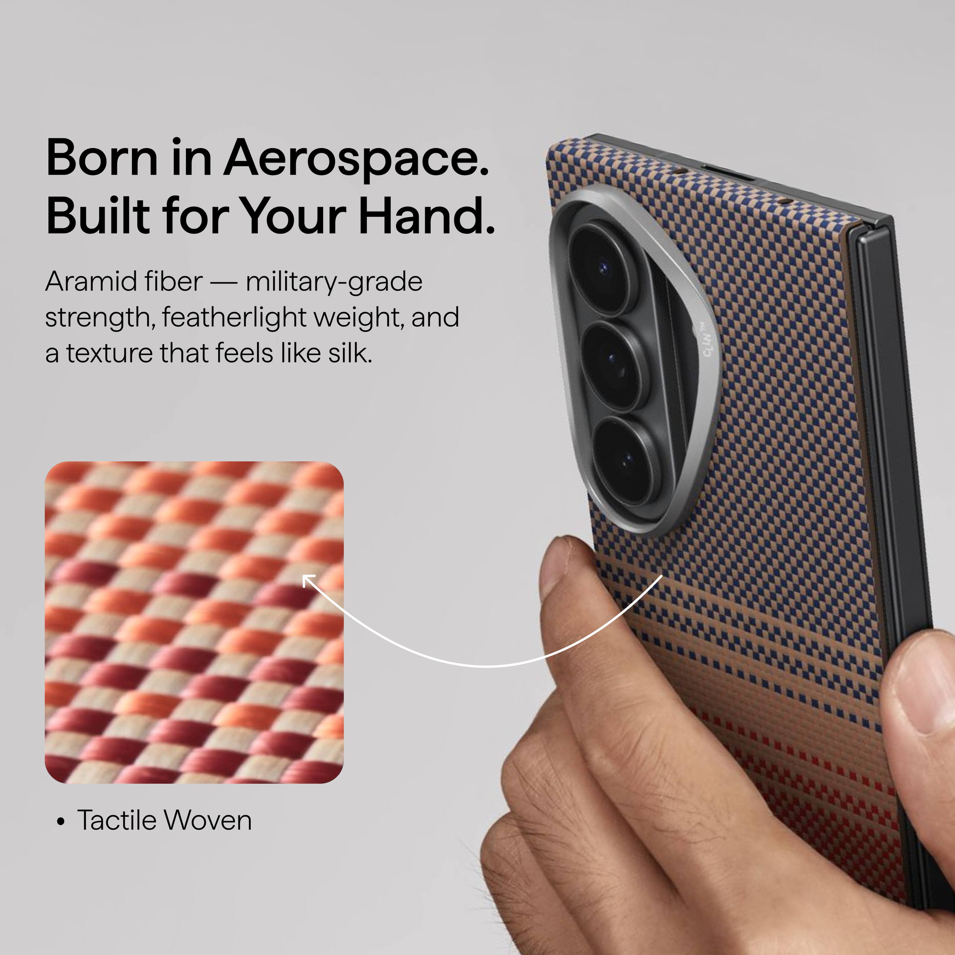 Born in Aerospace.  
Built for Your Hand.  

Aramid fiber — military-grade strength, featherlight weight, and a texture that feels like silk.  

• Tactile Woven