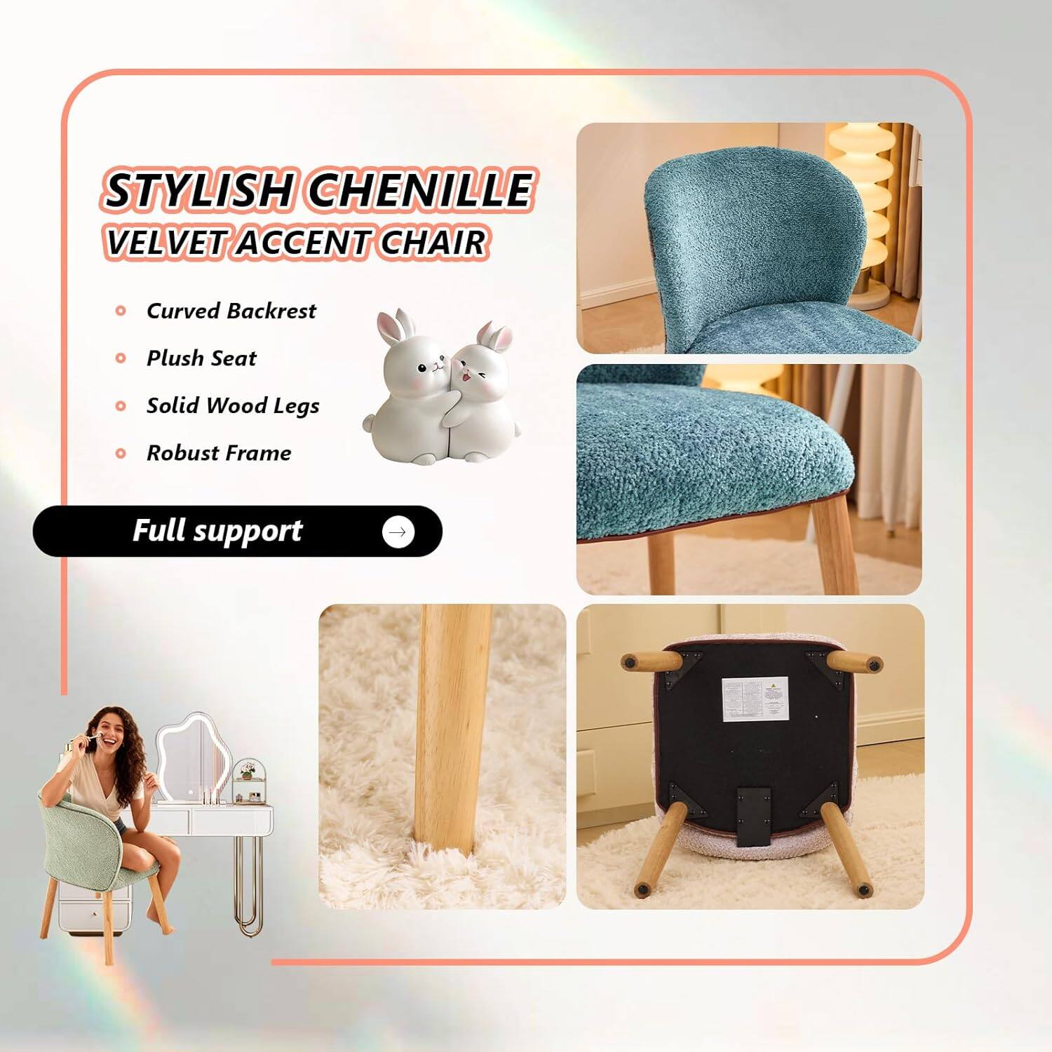 STYLISH CHENILLE VELVET ACCENT CHAIR

- Curved Backrest
- Plush Seat
- Solid Wood Legs
- Robust Frame

Full support