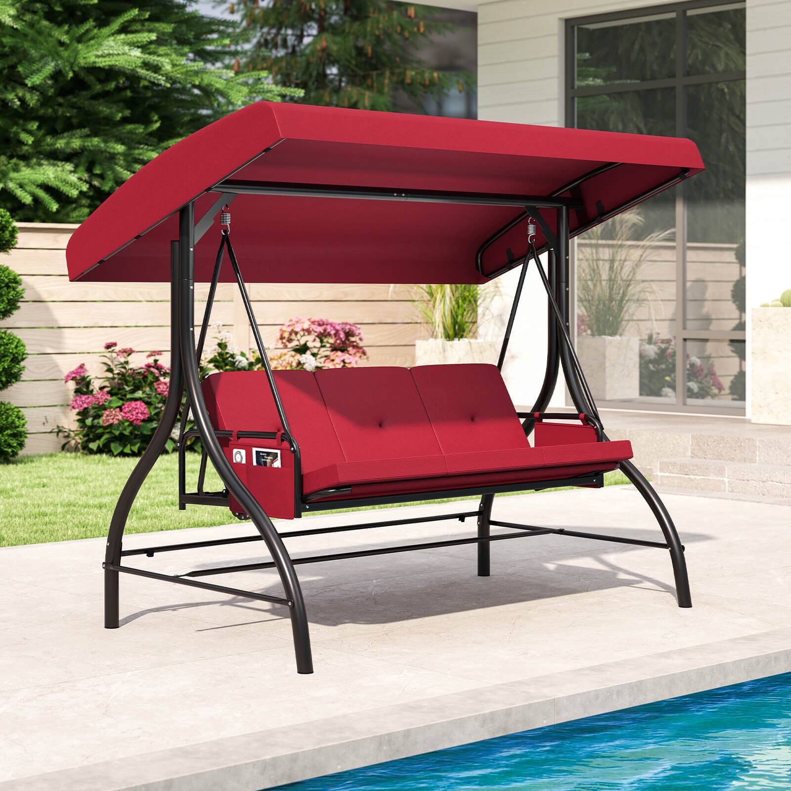 Alt View 1. Costway - Costway 3-Seat Patio Swing with Canopy with Removable Cushions & Side Pockets Stand - Red.