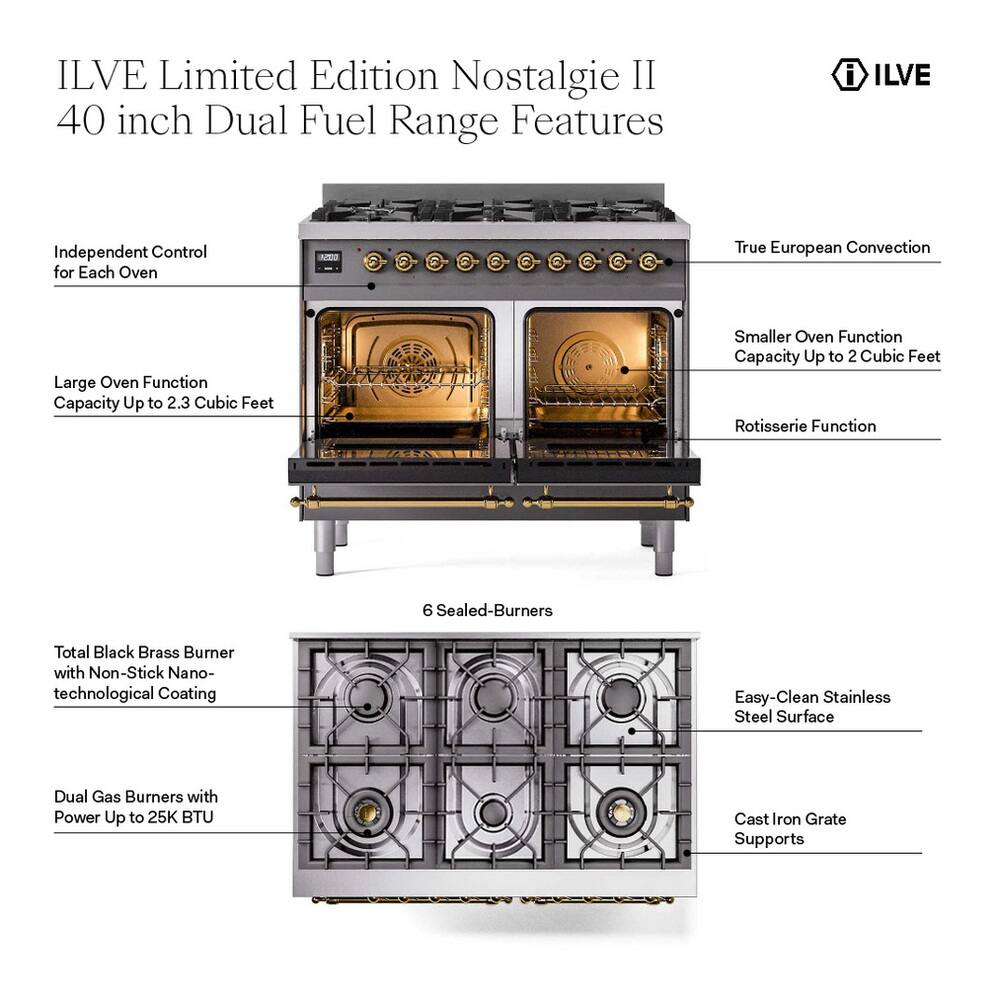 ILVE Nostalgie II 40 inch Dual Fuel Range with 6 Total Black Brass ...