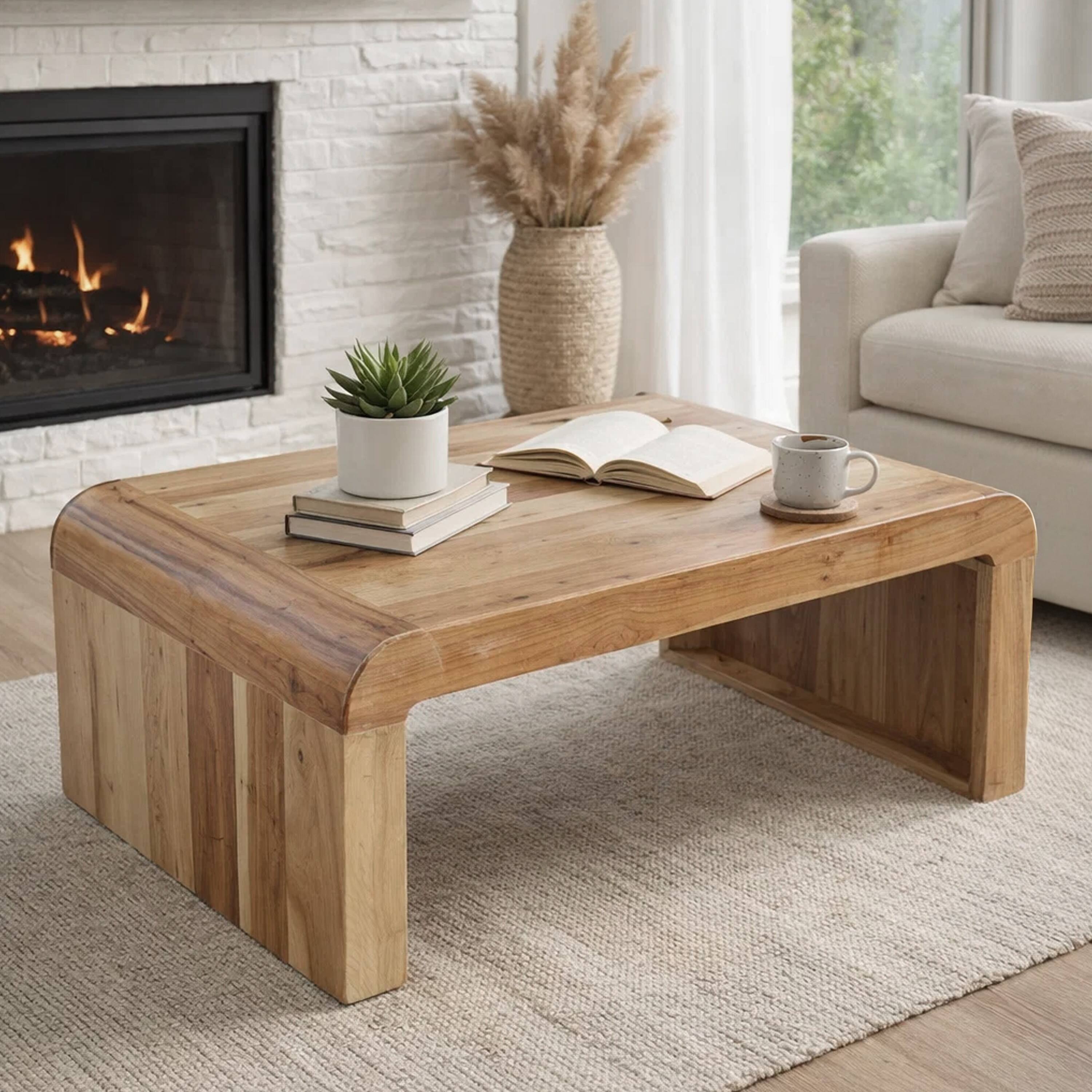 Alt View 10. Manhattan Lane - Cascade 36 Inch Coffee Table, Handcrafted Natural Acacia Wood, Rectangular Curved Waterfall Top - Brown.