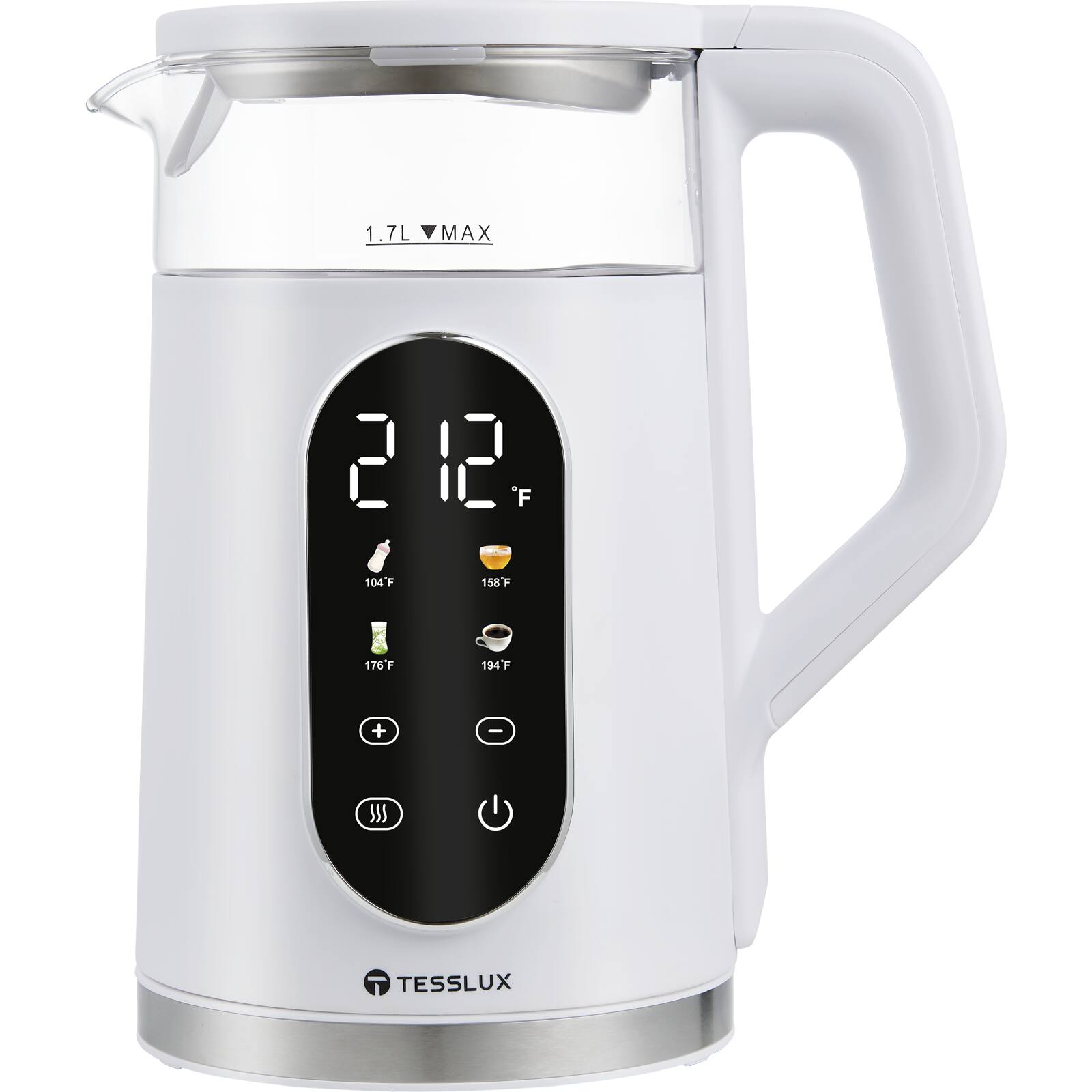 tesslux - 1.7L Electric Kettle, 1500W Fast Boiling, Glass, Temperature Control, Keep Warm, Auto Shut-Off - White