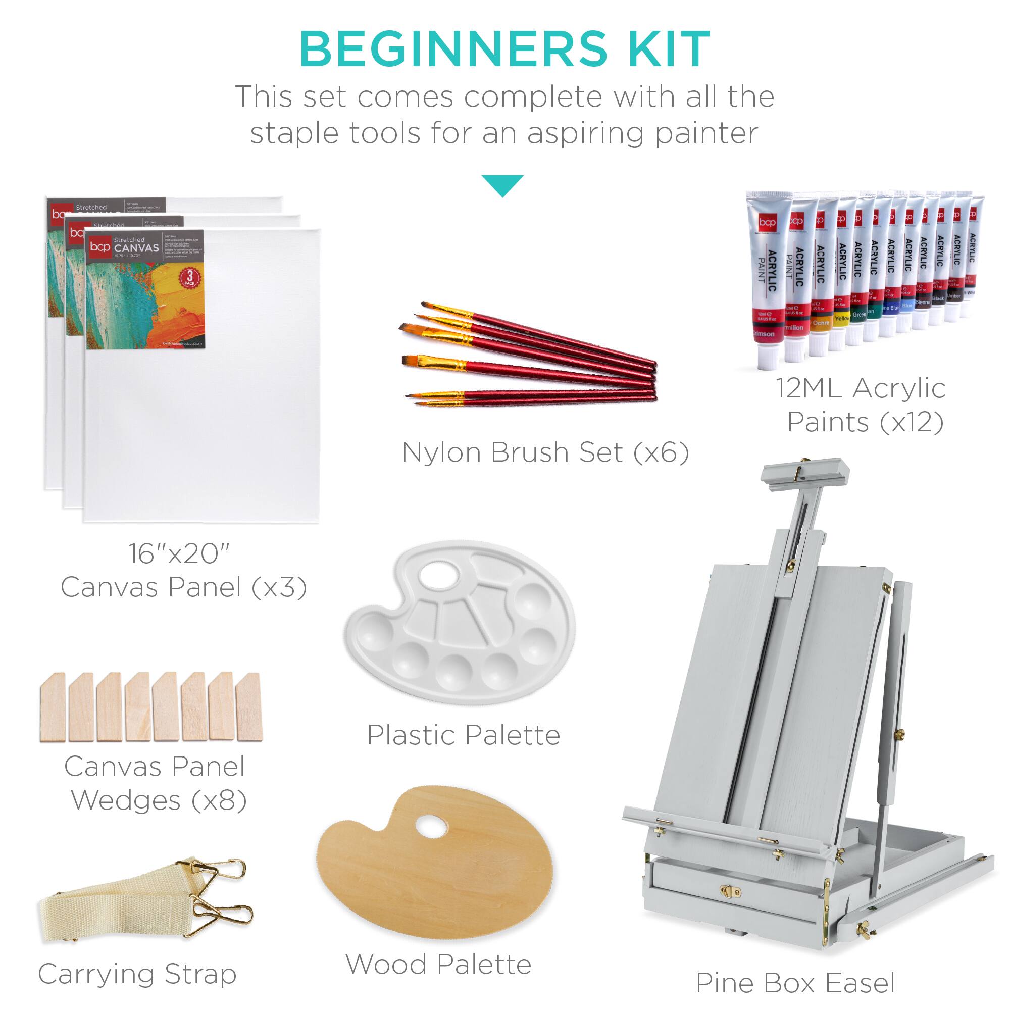BEGINNERS KIT

This set comes complete with all the staple tools for an aspiring painter

- 16"x20" Canvas Panel (x3)
- Nylon Brush Set (x6)
- 12ML Acrylic Paints (x12)
- Canvas Panel Wedges (x8)
- Plastic Palette
- Carrying Strap
- Wood Palette
- Pine Box Easel