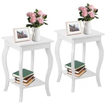Front. Boyel Living - Set of 2 White NightStand Side Table End Table with Shelf and unique curved legs - White.