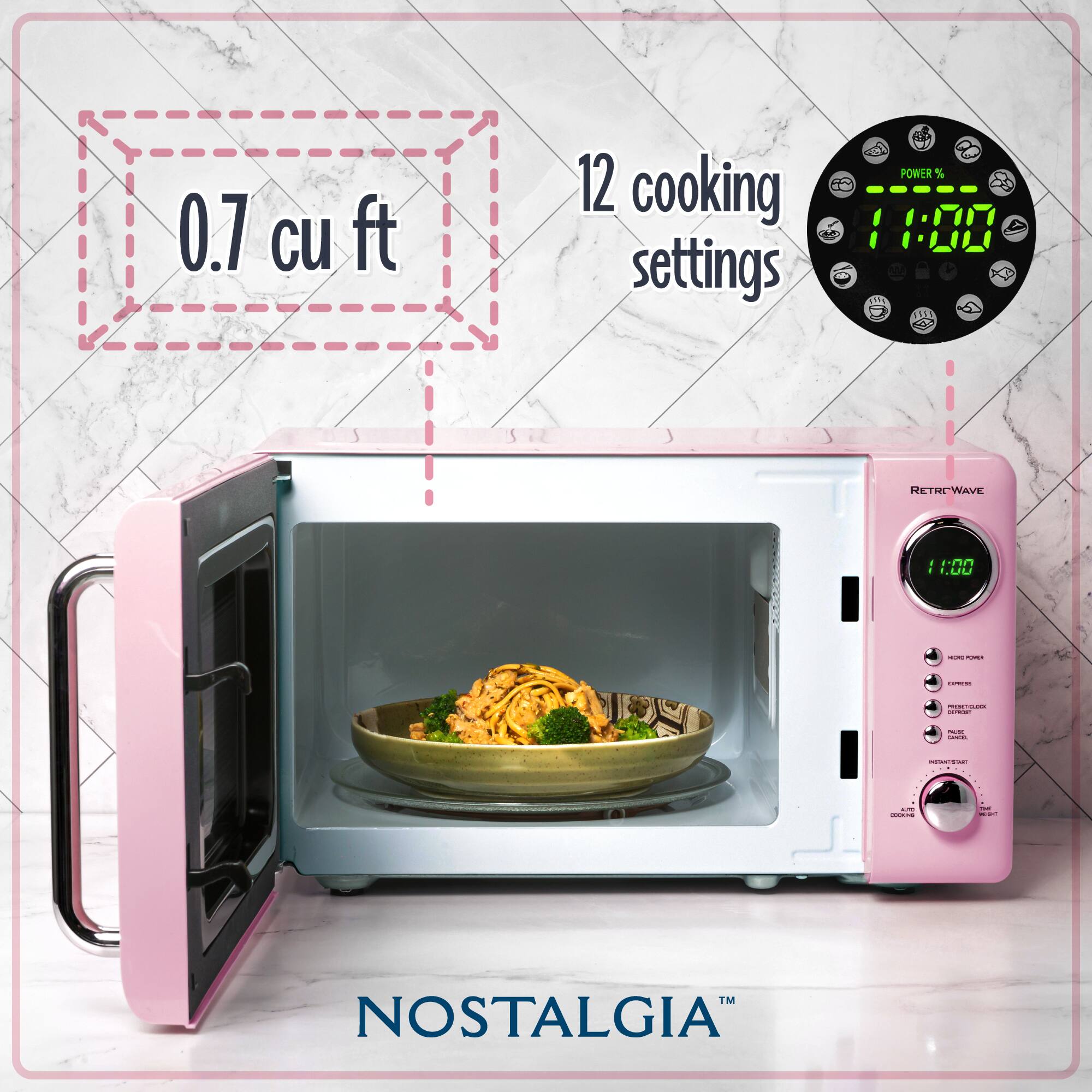 0.7 cu ft  
12 cooking settings  
POWER % 100  
11:00  
RETRO WAVE  
NOSTALGIA™