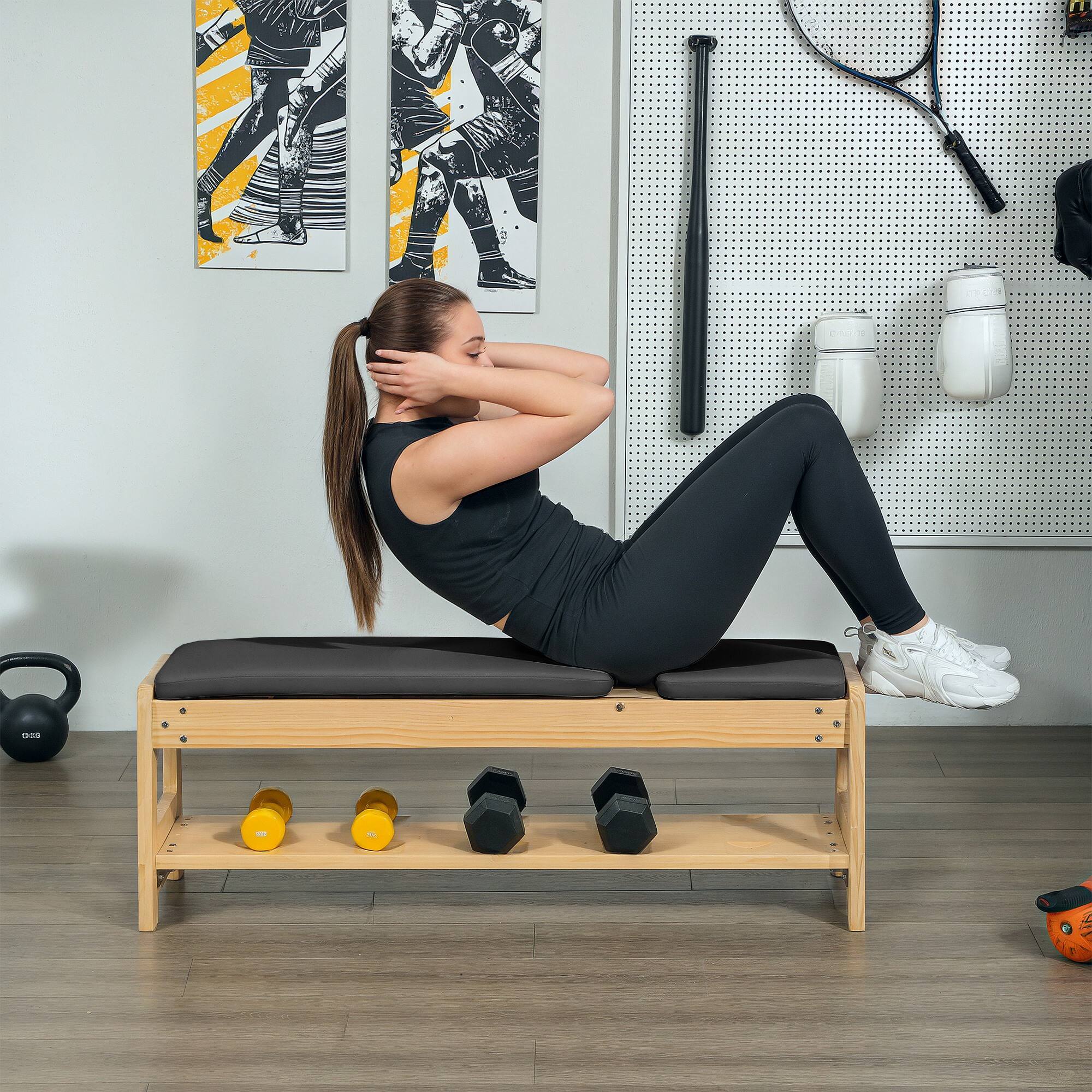 Alt View 7. Soozier - Adjustable Weight Bench with Dumbbell Rack, Wooden Workout Bench, Flat or Incline Bench - Black.