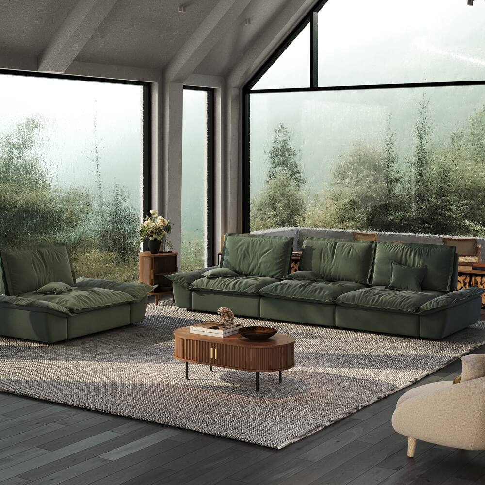 Left. POVISON - 63.39" Modern Green Pet-Friendly Single Sofa Chair with Adjustable Backrest - Green Suede Fabric.