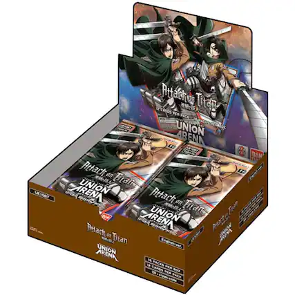 Sure, here is the corrected and grouped text from the image:
**Box:**
- Attack on Titan
- UNION ARENA
- 12 CARDS PER PACK
- 16 PACKS PER BOX
- English ver.
- LIVE TOWN
- BANDAI
- 192 CARDS IN TOTAL
**Pack:**
- Attack on Titan
- UNION ARENA
- 12 CARDS PER PACK