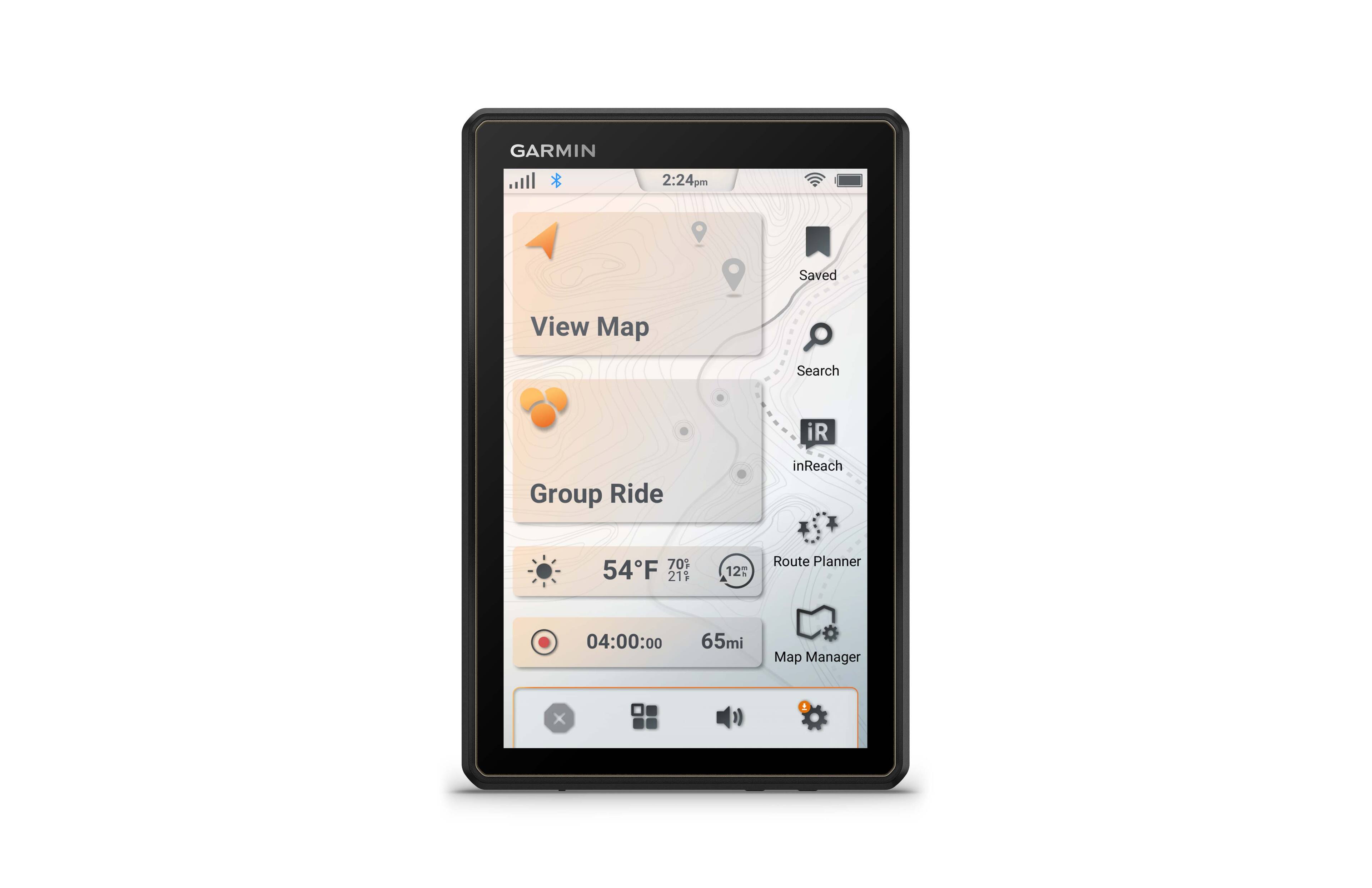 The text on the image reads: "GARMIN 2:24pm Saved View Map Search iR Group Ride inReach 70% 54F 21% 12 Route Planner 04:00:00 65ml Map Manager x". The text has been grouped and corrected as follows:

"GARMIN 2:24pm Saved View Map Search iR Group Ride inReach 70% 54F 21% 12 Route Planner 04:00:00 65ml Map Manager x"

This text is a description of a Garmin device, which is displaying a map and various information related to a group ride. The device shows the current time, temperature, and route details, as well as the battery life of the device. The user has saved a view of the map, which is displayed on the screen.