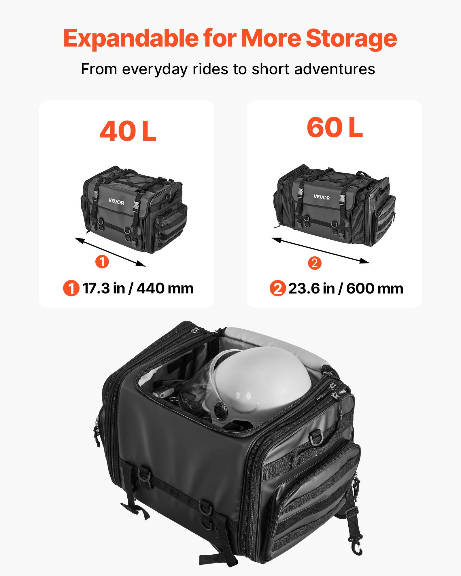 Expandable for More Storage  
From everyday rides to short adventures  

40 L  
1 17.3 in / 440 mm  

60 L  
2 23.6 in / 600 mm