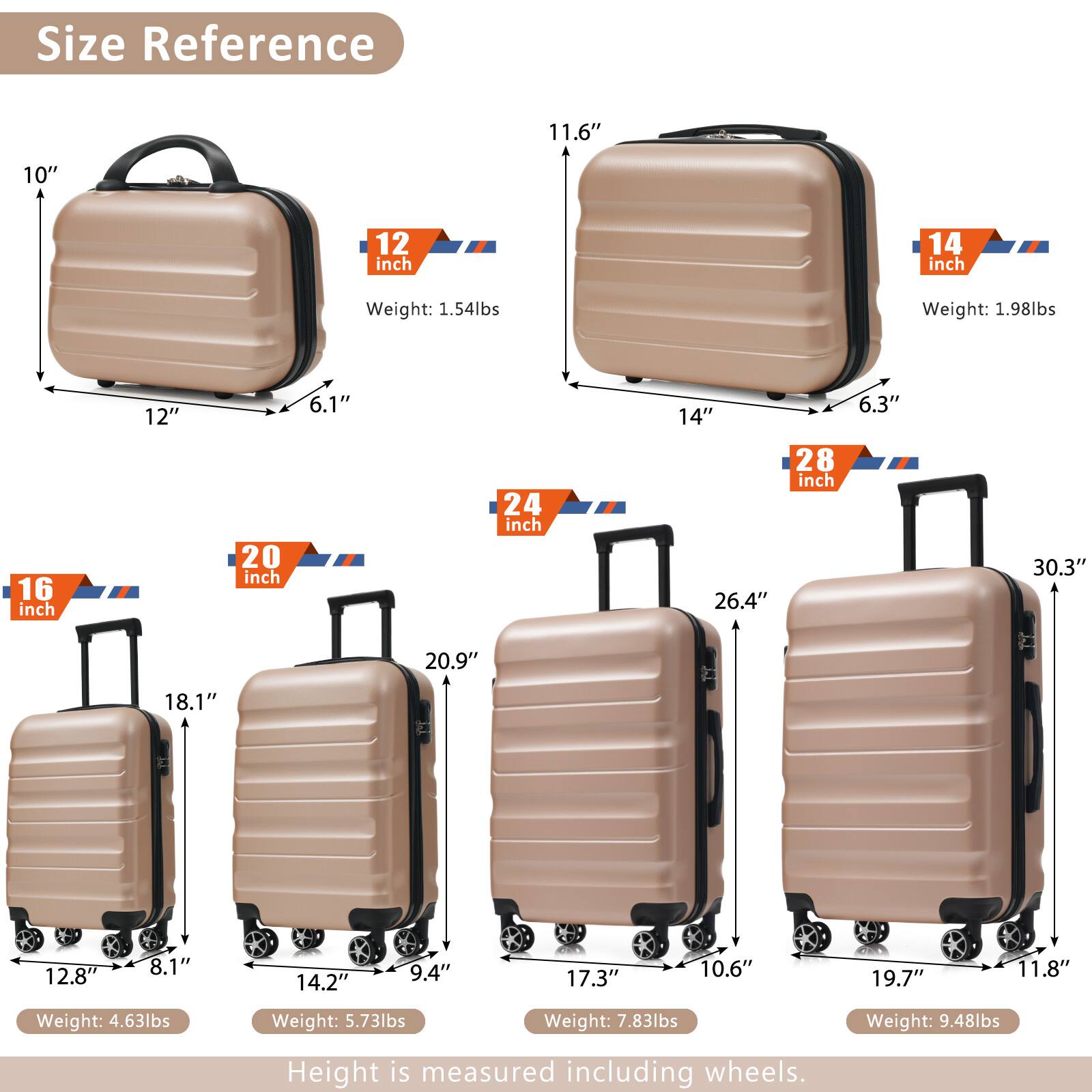 Sure, here is the corrected and grouped text:

**Size Reference**

- **12 inch**
  - Height: 10"
  - Width: 12"
  - Depth: 6.1"
  - Weight: 1.54lbs

- **14 inch**
  - Height: 11.6"
  - Width: 14"
  - Depth: 6.3"
  - Weight: 1.98lbs

- **16 inch**
  - Height: 18.1"
  - Width: 12.8"
  - Depth: 8.1"
  - Weight: 4.63lbs

- **20 inch**
  - Height: 20.9"
  - Width: 14.2"
  - Depth: 9.4"
  - Weight: 5.73lbs

- **24 inch**
  - Height: 26.4"
  - Width: 17.3"
  - Depth: 10.6"
  - Weight: 7.83lbs

- **28 inch**
  - Height: 30.3"
 