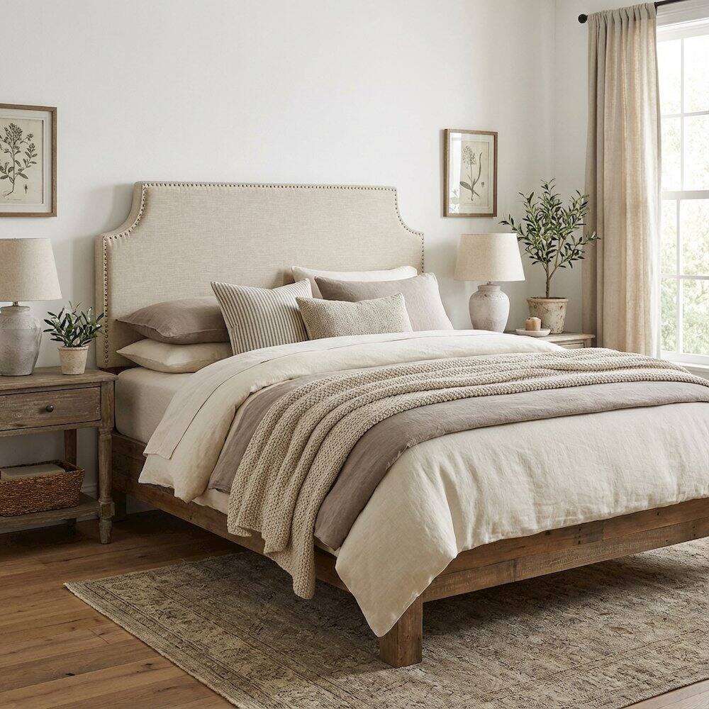 Angle. FurniFact - Upholstered Fabric Queen Headboard with Padded Design and Sturdy Frame - Beige.