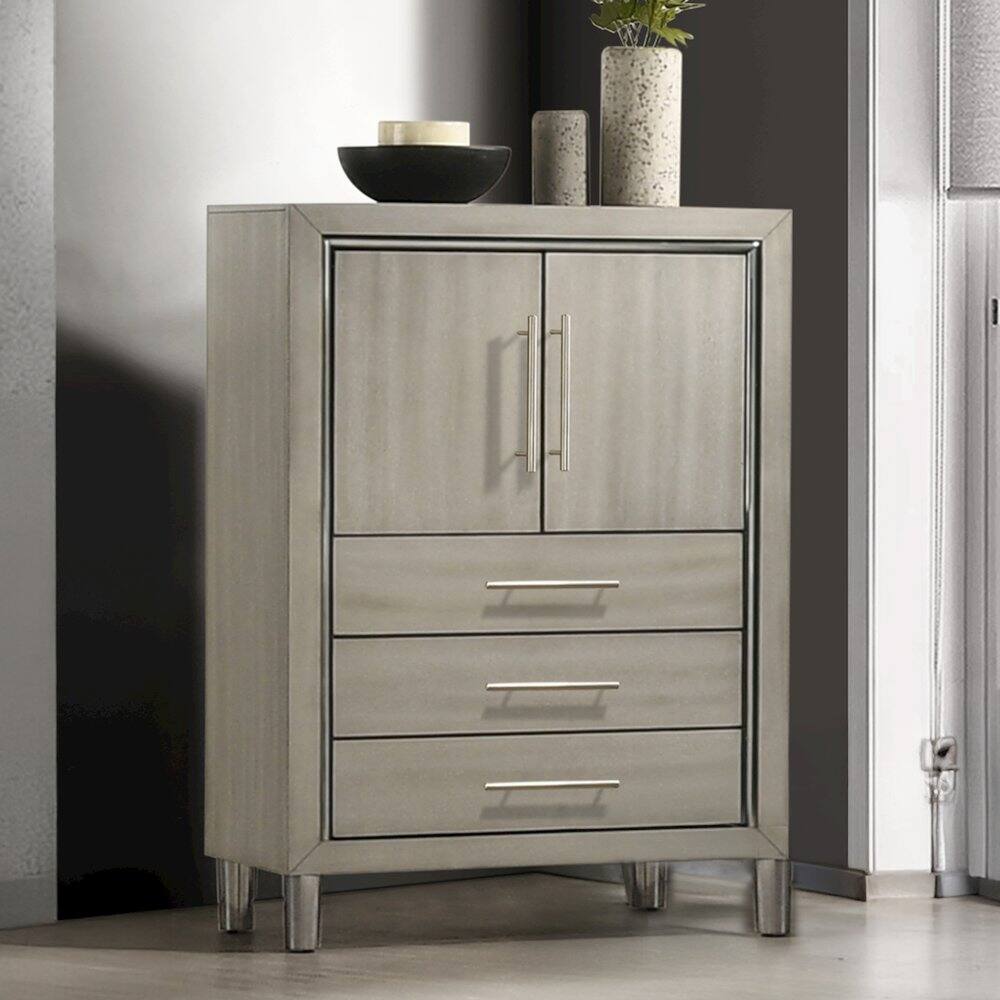 Angle. New Classic Furniture - Lennox Wood Modern Door Chest with LED Light in Gray - Gray.