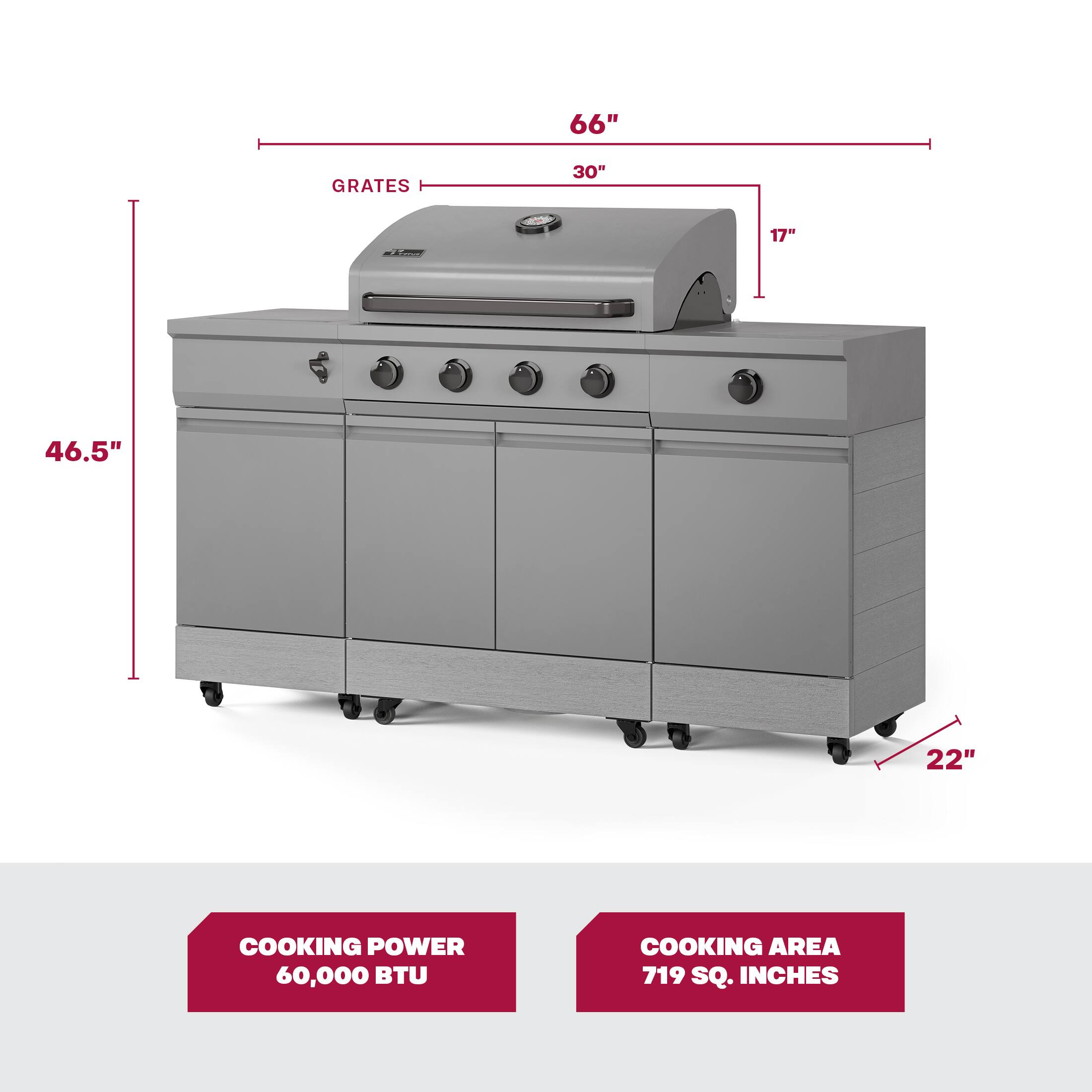 The text on the image reads:

66" Grates 30" i C 17" 46.5" 22" Cooking Power 60,000 BTU Cooking Area 719 Sq. Inches
