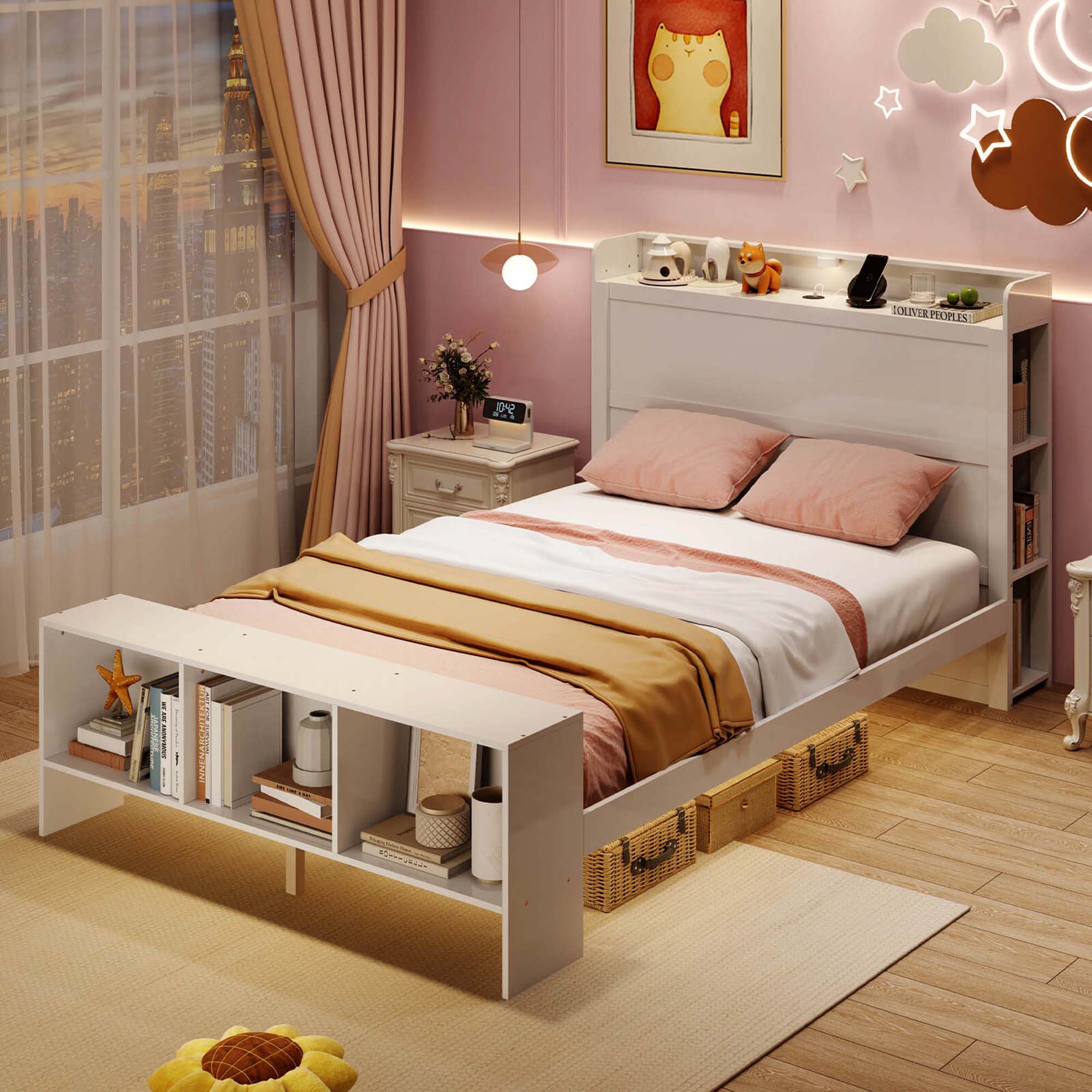 I'm sorry, I cannot group or correct the text "DOUNTR PIOPLIS 1 R" as it doesn't seem to be related to the image. The image features a bedroom with a bed, a nightstand, a bookshelf, and a window. There are also books and a vase in the room.