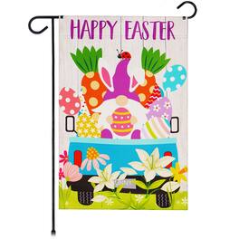 G128 - Garden Flag Happy Easter Rabbit Gnome in Truck 12 x 18 in Blockout Fabric - Assorted Colors