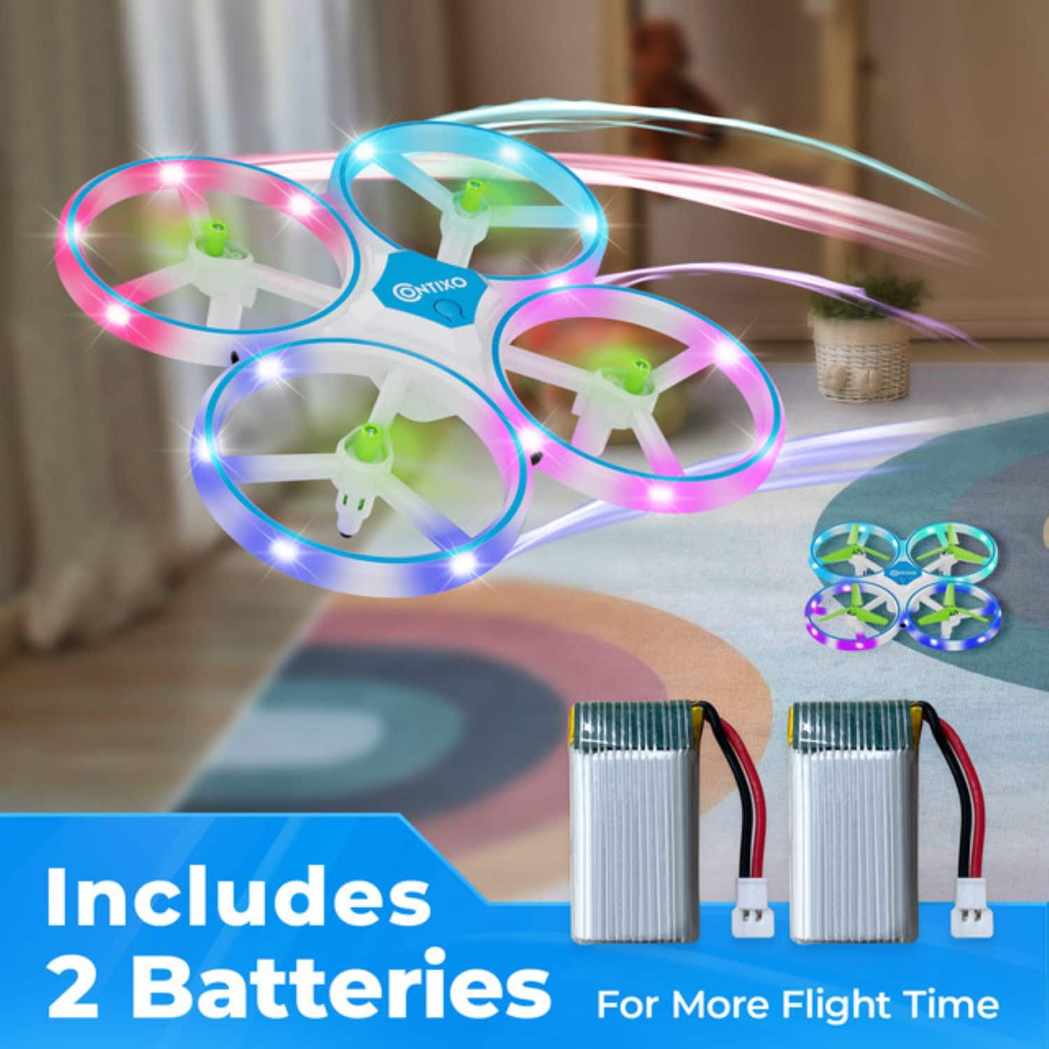 The text on the image reads: "CONIXO Includes 2 Batteries For More Flight Time."