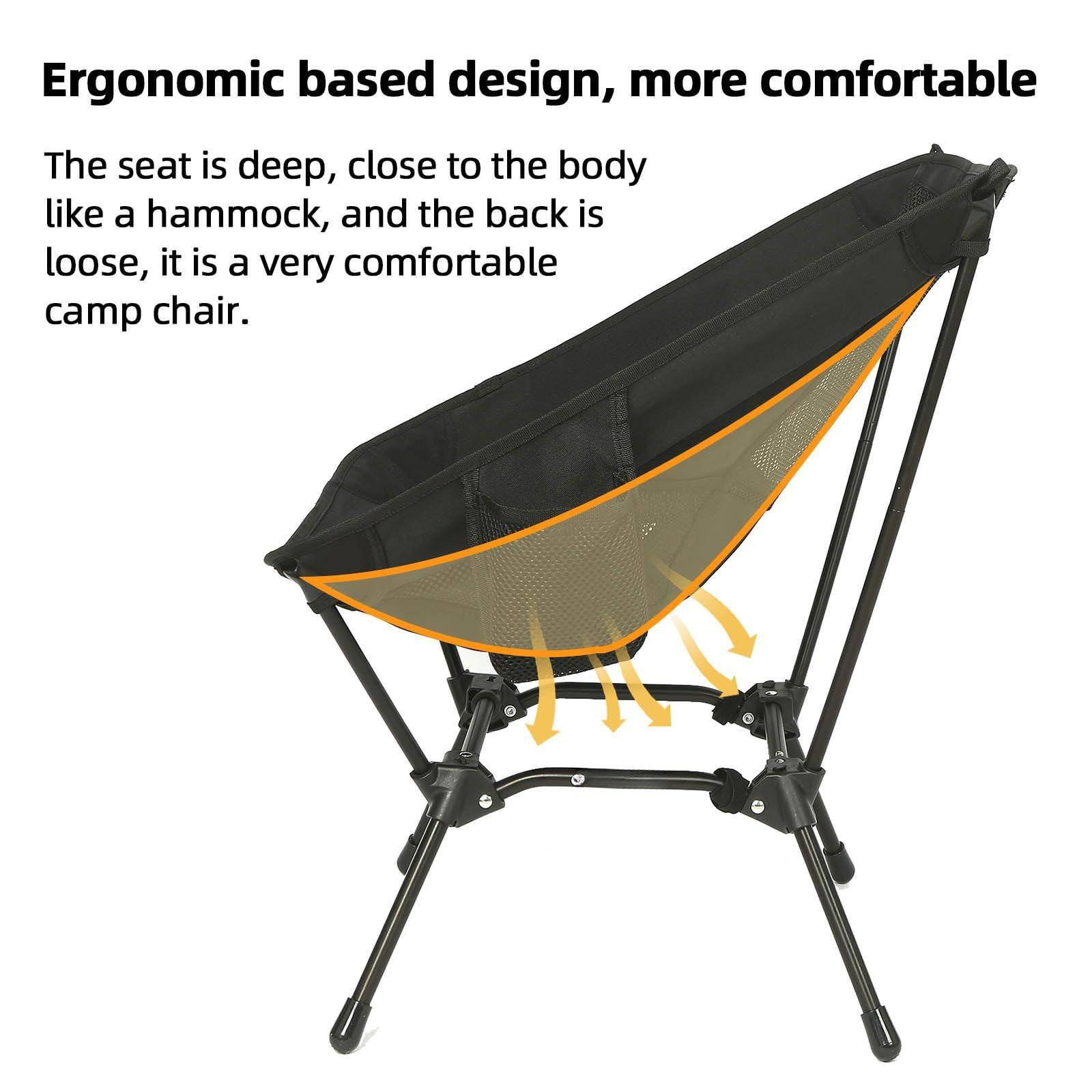 Ergonomic based design, more comfortable

The seat is deep, close to the body like a hammock, and the back is loose, it is a very comfortable camp chair.