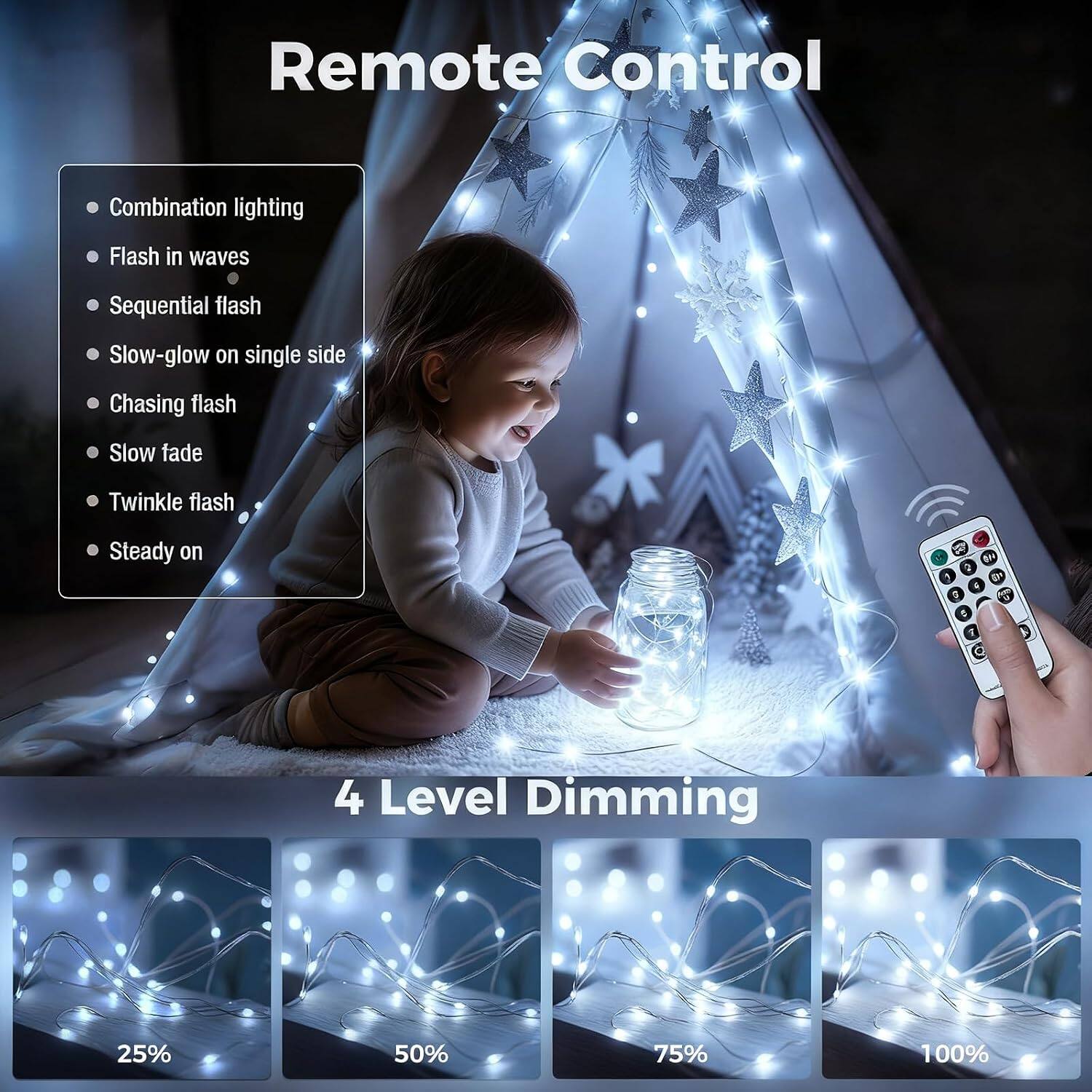 Remote Control

- Combination lighting
- Flash in waves
- Sequential flash
- Slow-glow on single side
- Chasing flash
- Slow fade
- Twinkle flash
- Steady on

4 Level Dimming
- 25%
- 50%
- 75%
- 100%