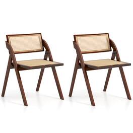 Costway - Foldable Dining Chairs Set of 2 with Woven Rattan Backrest & Seat Rubber Wood Frame - Brown