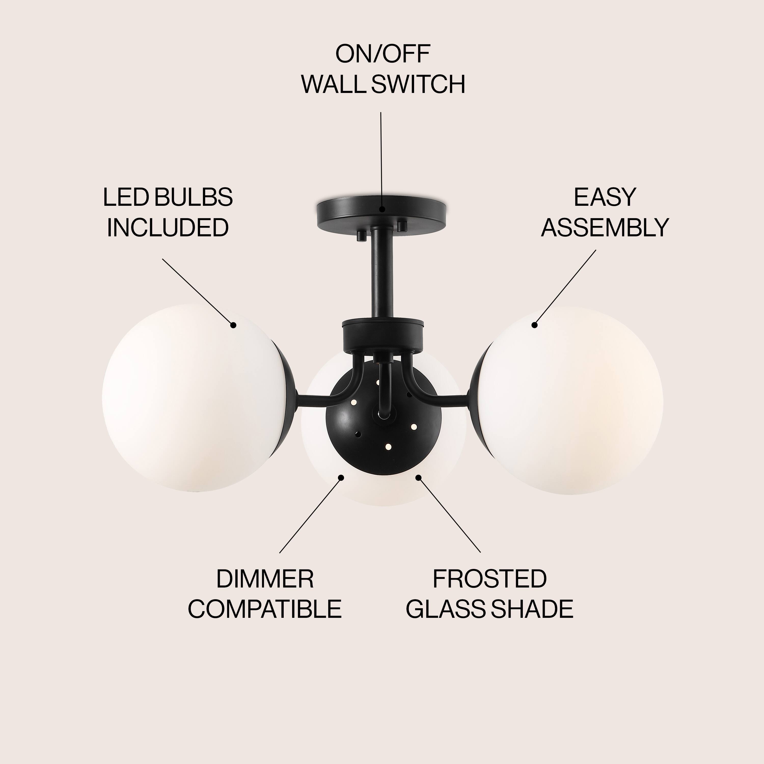 ON/OFF WALL SWITCH  
LED BULBS INCLUDED  
EASY ASSEMBLY  
DIMMER COMPATIBLE  
FROSTED GLASS SHADE