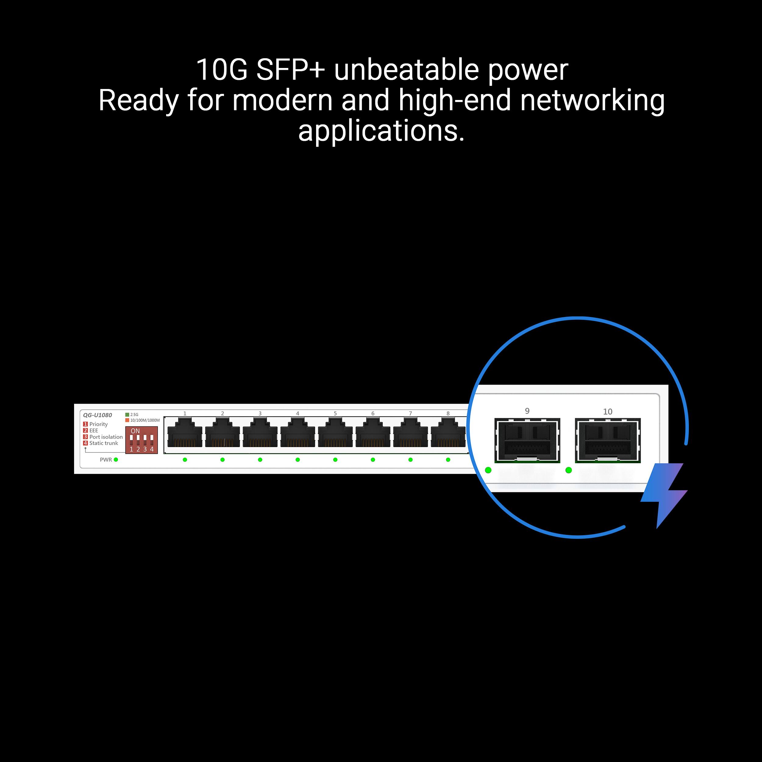 The text on the image reads: "10G SFP+ unbeatable power Ready for modern and high-end networking applications."