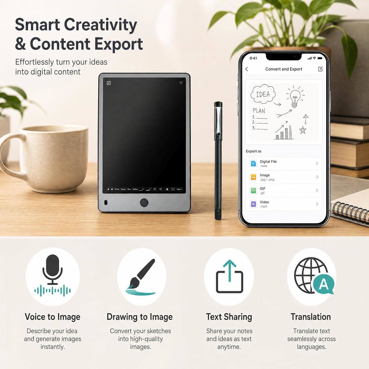 Smart Creativity & Content Export  
Effortlessly turn your ideas into digital content

Convert and Export  
IDEA  
PLAN 1. 2. 3.  
Export as  
Digital File note  
Image jpg/png  
GIF gif  
Video mp4  

Voice to Image  
Describe your idea and generate images instantly.  

Drawing to Image  
Convert your sketches into high-quality images.  

Text Sharing  
Share your notes and ideas as text anytime.  

Translation  
Translate text seamlessly across languages.
