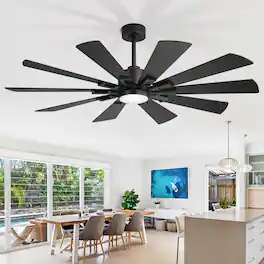 Breezary - 72-Inch Extra-Large Ceiling Fan with 10 Plywood Blades, DC Motor, 6-Speed Remote, Tri-Color LED Light, Dual Downrods - Matte Black