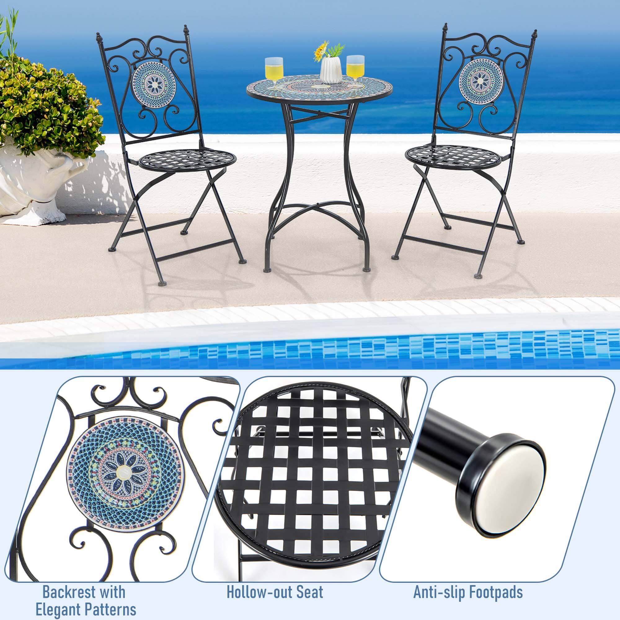 The image features a patio set with a table and four chairs. The chairs have an elegant pattern and come with a hollow-out seat and anti-slip footpads for added comfort and safety. The table is surrounded by these chairs, creating a cozy and inviting outdoor seating area.