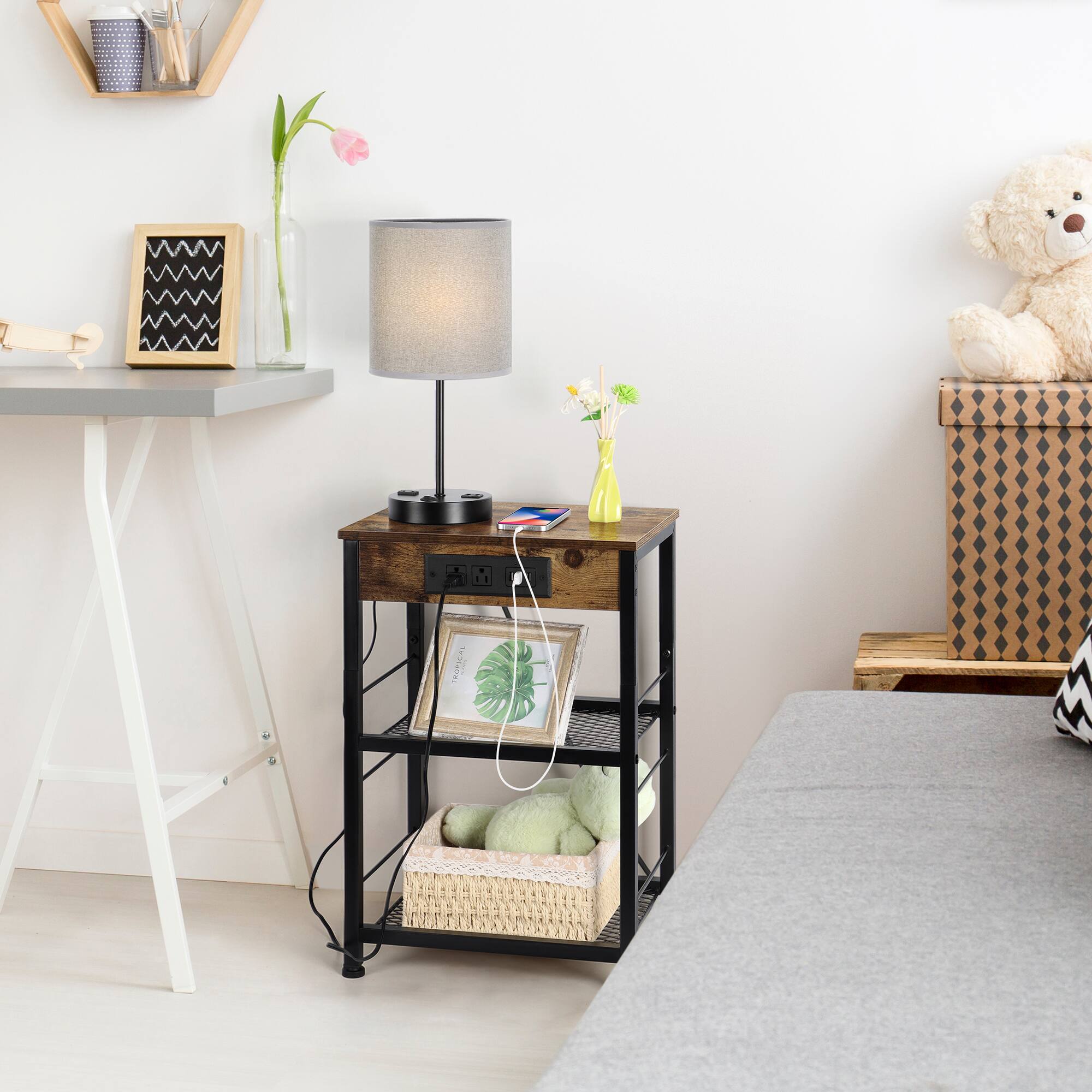 Alt View 1. Oumilen - Rustic Brown Nightstand with Charging Station, 3-Tier Industrial End Table - Rustic Brown.