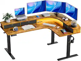 HUANUO - 65" L Shaped Electric Standing Desk with 3 Drawers, Dual Motor Height Adjustable Sit Stand Corner Desk with Power Outlet - Vintage Brown