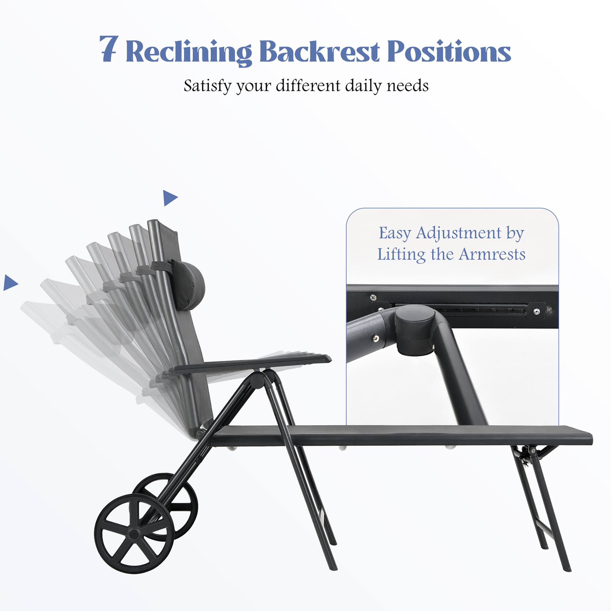 7 Reclining Backrest Positions  
Satisfy your different daily needs  

Easy Adjustment by Lifting the Armrests