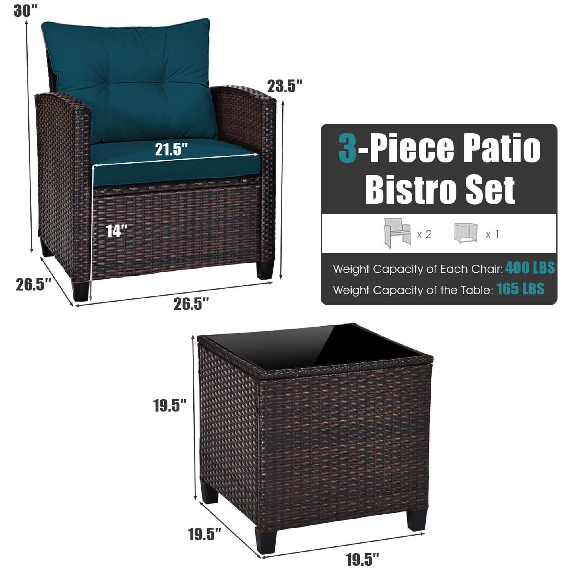 30" 23.5" 14" 21.5" 3-Piece Patio Bistro Set x 2 x 1 26.5" 26.5" Weight Capacity of Each Chair: 400 LBS Weight Capacity of the Table: 165 LBS 19.5" 19.5" 19.5"