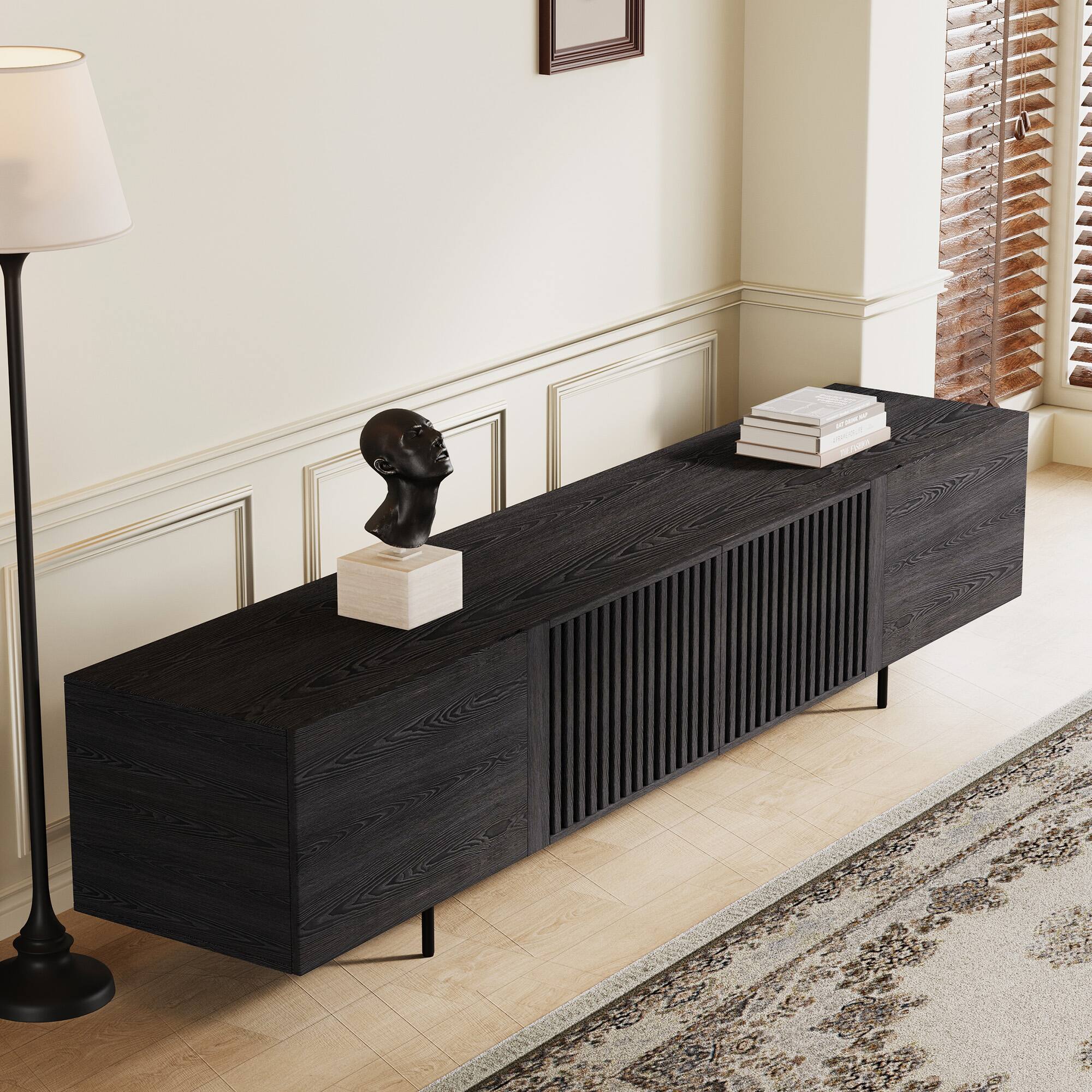 Left. luck idea - 94.48" Black Modern TV Stand with Adjustable Shelves, Soft-Close Hinges & Cable Holes, Metal Legs for Home Living - Black.