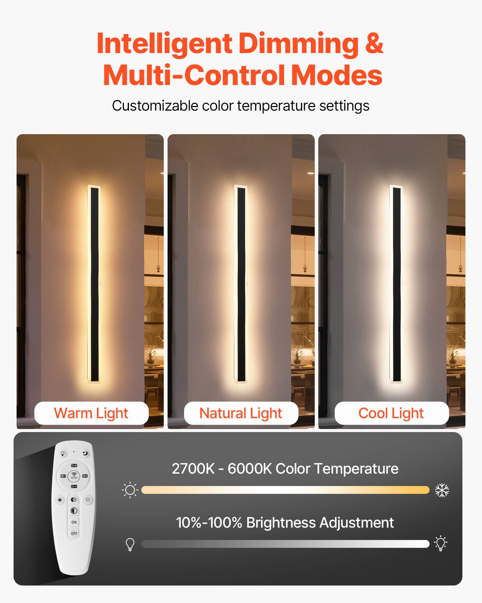 Intelligent Dimming & Multi-Control Modes  
Customizable color temperature settings  

Warm Light  
Natural Light  
Cool Light  

2700K - 6000K Color Temperature  
10%-100% Brightness Adjustment
