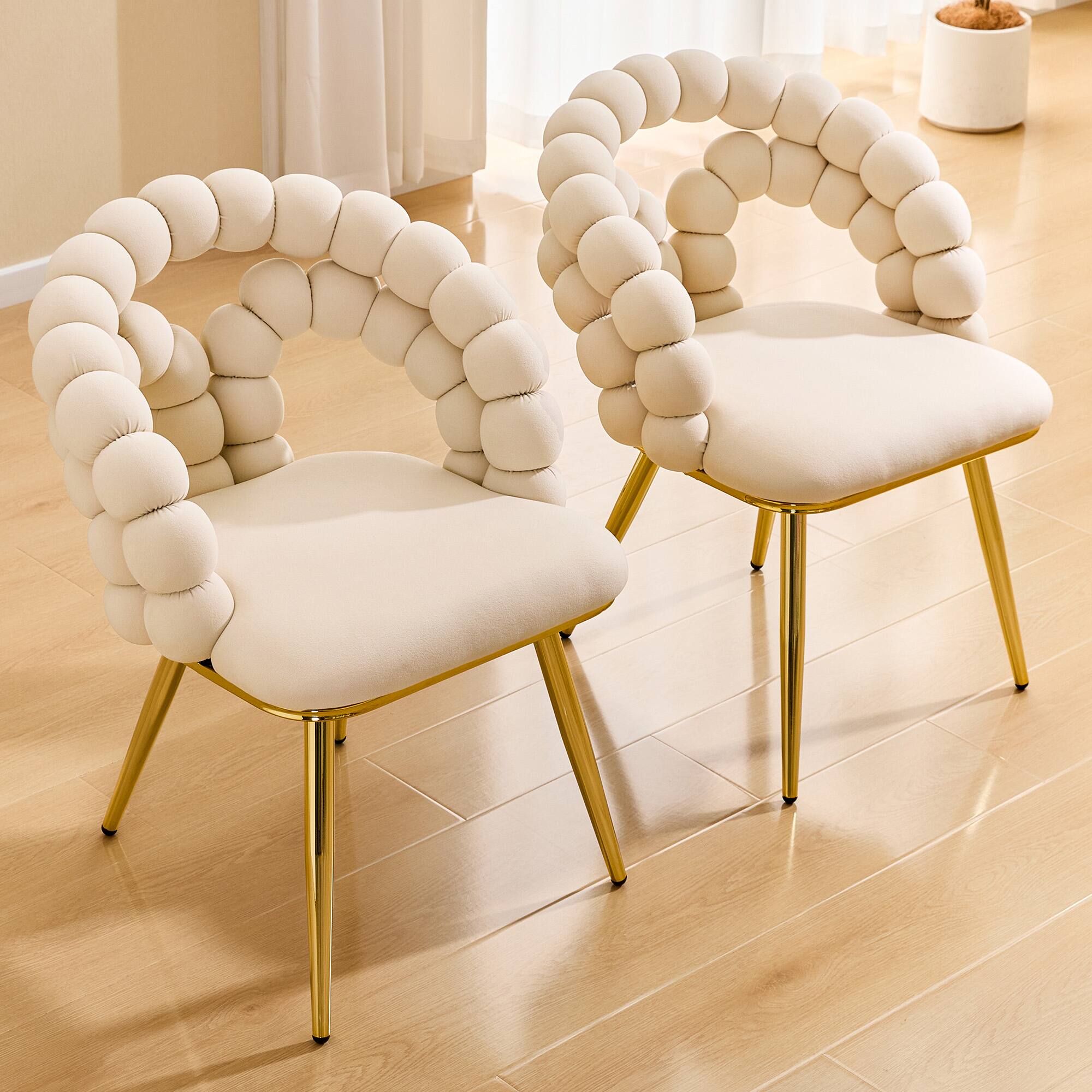 Angle. Loheer - Loheer Velvet Dining Chair Set of 2 Beige Bubble Back Accent Chairs with Gold Metal Legs, 1.92ft x 1.58ft x 2.67ft - Beige,Gold.