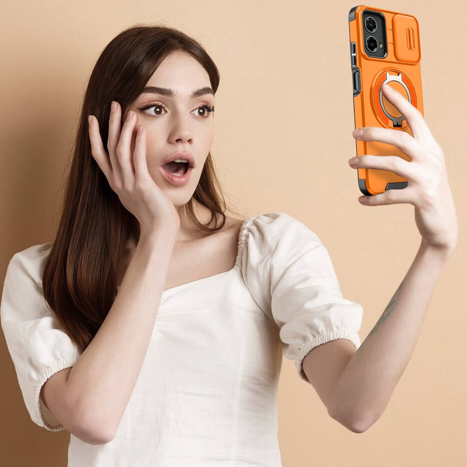 Alt View 6. UUCOVER - Magnetic Case for Motorola Moto G Stylus 5G (2024) with Sliding Lens Cover, Rotatable Ring Kickstand Drop-Proof Shell - Orange.