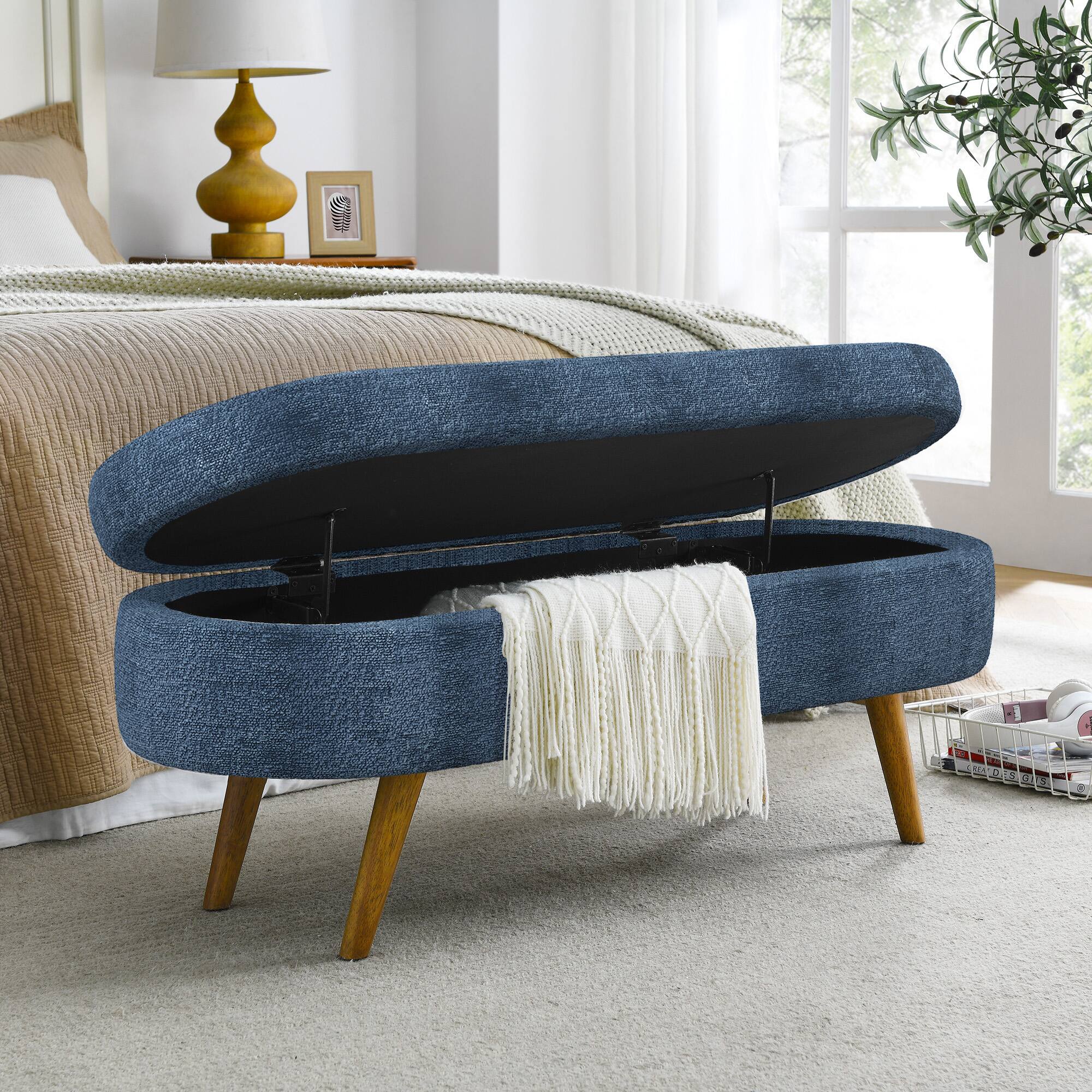 Alt View 2. GOODSILO - Elegant Fabric Storage Ottoman Bench with Wooden Legs for Living Room or Bedroom Footrest and Seating - Dark Blue.