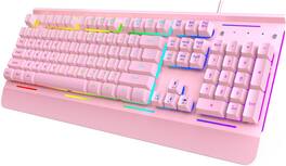 TECKNET - Wired Gaming Keyboard, 2.4G USB, 7-Color 4-Mode Backlit, Quiet, Full Size, Windows - Pink