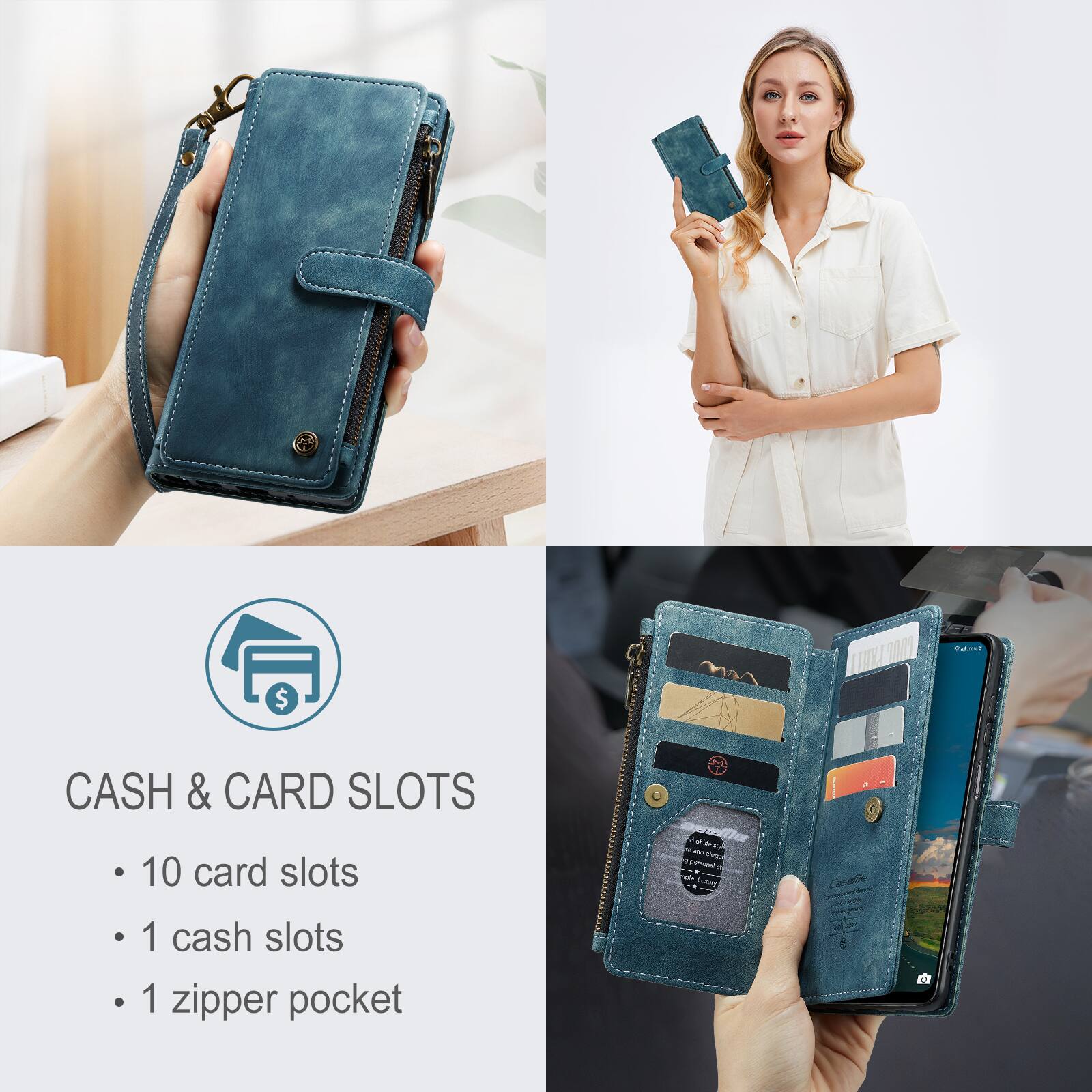 CASH & CARD SLOTS
- 10 card slots
- 1 cash slots
- 1 zipper pocket