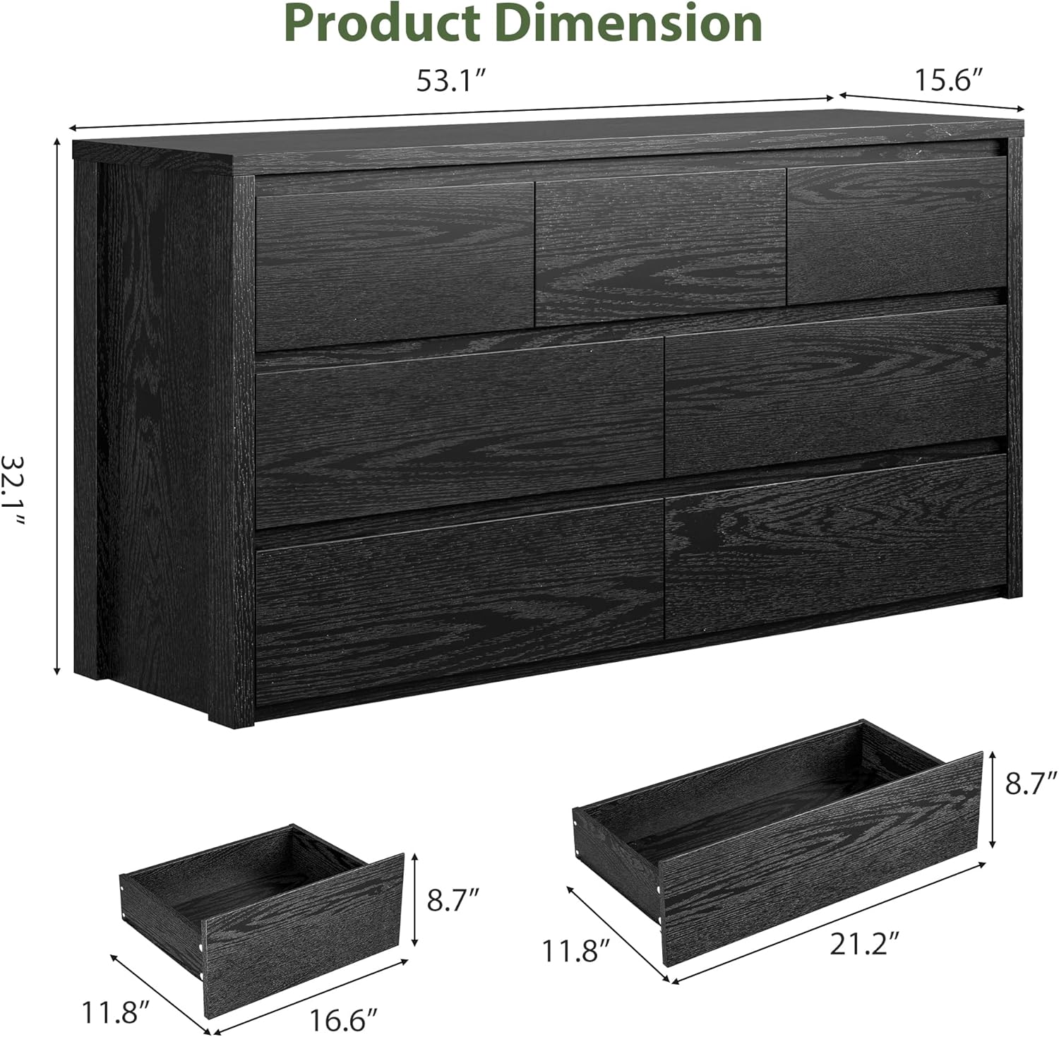 Product Dimension: 53.1" x 15.6" x 32.1"  
Drawer Dimensions: 8.7" x 11.8" x 16.6" and 8.7" x 11.8" x 21.2"