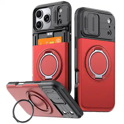 Front. UUCOVER - Rugged Protective Case for iPhone 17 Pro Max with Sliding Camera Cover, Card Holder, 360° Magnetic Ring Kickstand Cover - Red.