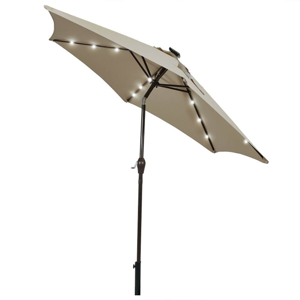 Left. Kadyn - 9 Feet Solar LED Lighted Patio Market Umbrella Tilt Adjustment Crank Lift-Tan, Patio Offset Umbrella.