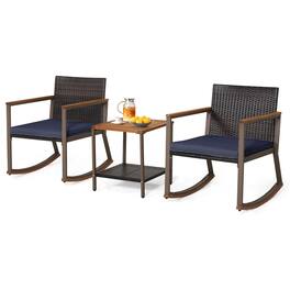 Gymax - 3PCS Rattan Rocking Chair Bistro Set Armrest Cushion Table W/ Storage Shelf Patio - Navy