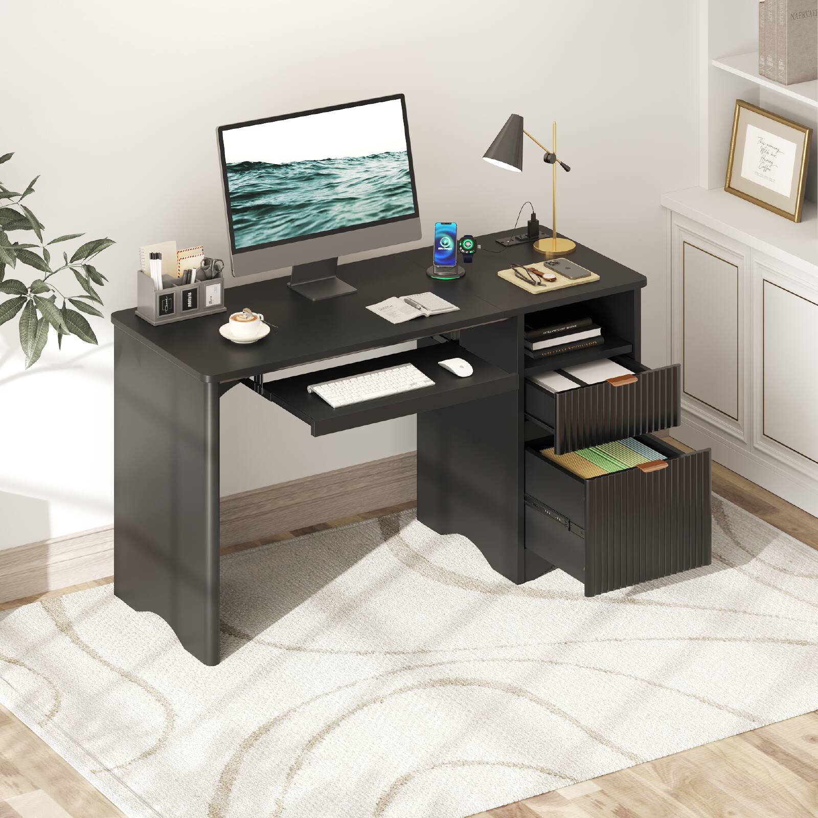 "The desk is black and has a computer monitor, keyboard, mouse, and a lamp on it. There is also a cup and a potted plant nearby. The desk is situated on a rug, and there is a bookshelf in the background. The desk is well-organized and ready for use."