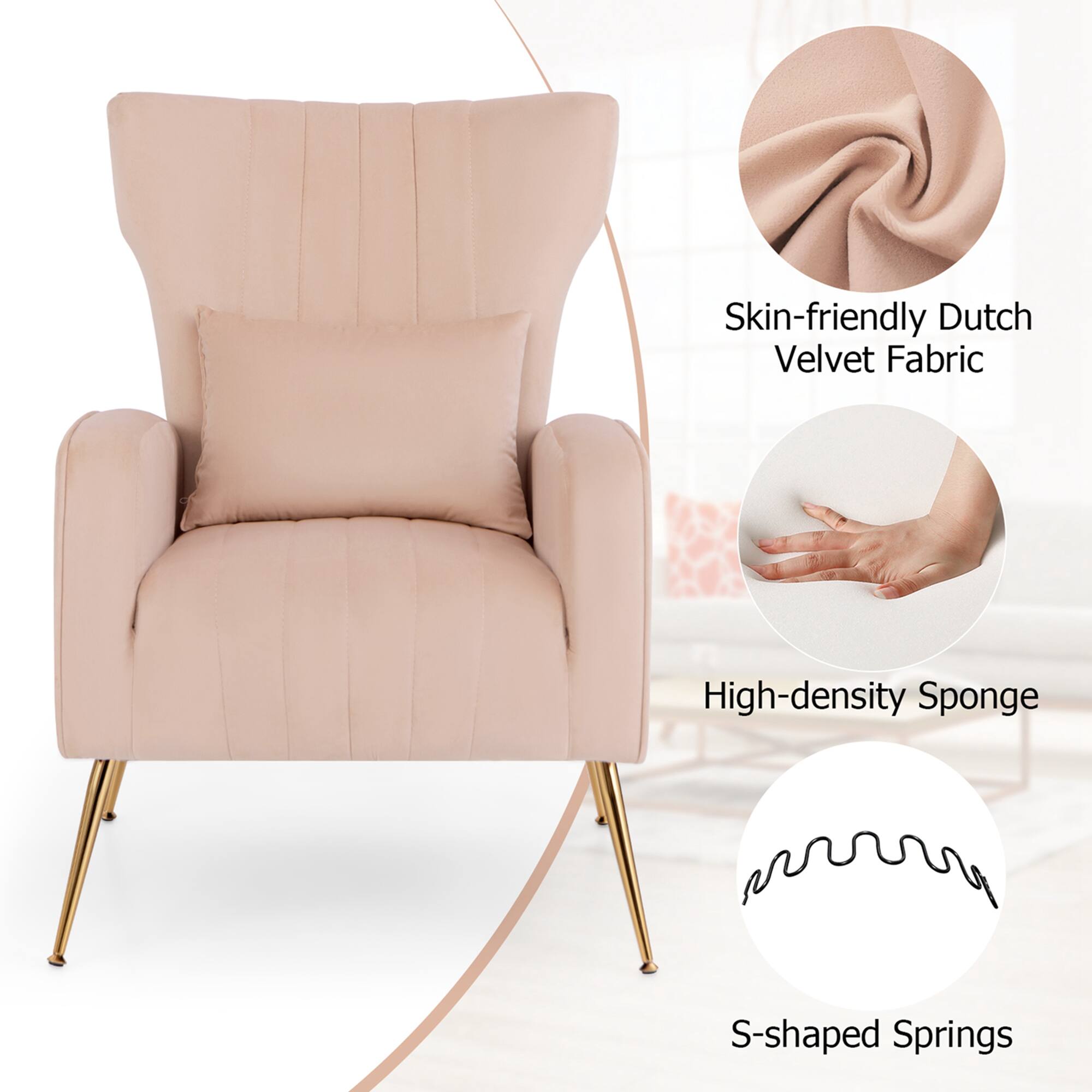 The text on the image is grouped and corrected as follows:

1. Skin-friendly Dutch Velvet Fabric
2. High-density Sponge
3. S-shaped Springs