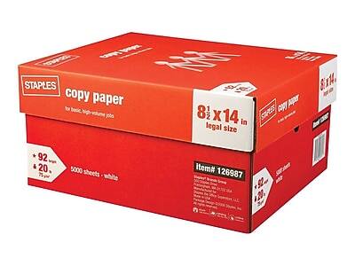 Staples copy paper  
for basic, high-volume jobs  

8½ x 14 in legal size  

92 brightness  
20 lb  

5000 sheets - white  

Item# 126987