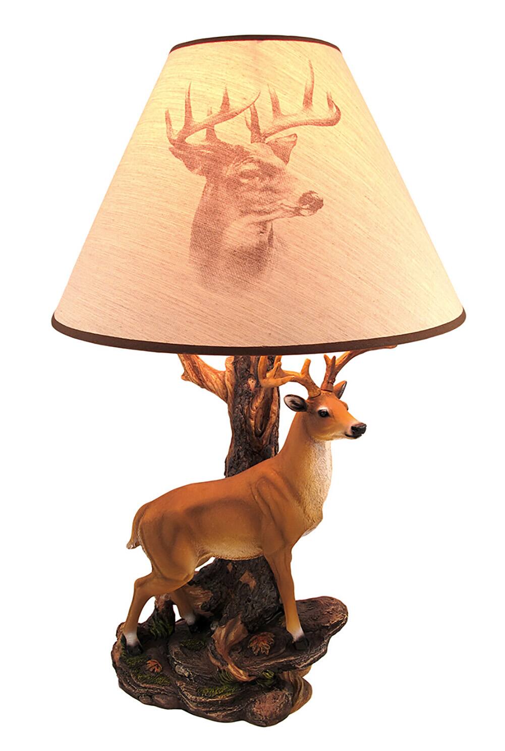 Front. Zeckos - `Champion` 12 Point Buck Table Lamp with Deer Printed Shade Western Décor - Tan.