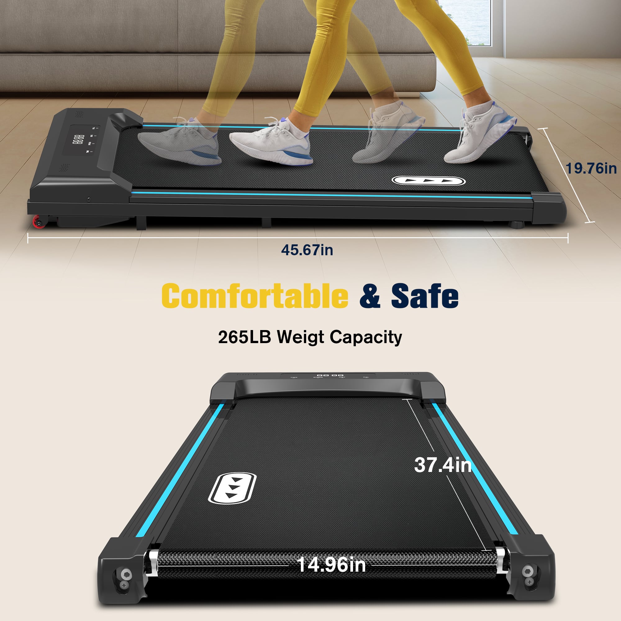 19.76in, 45.67in, 37.4in, 14.96in, Comfortable & Safe, 265LB Weight Capacity